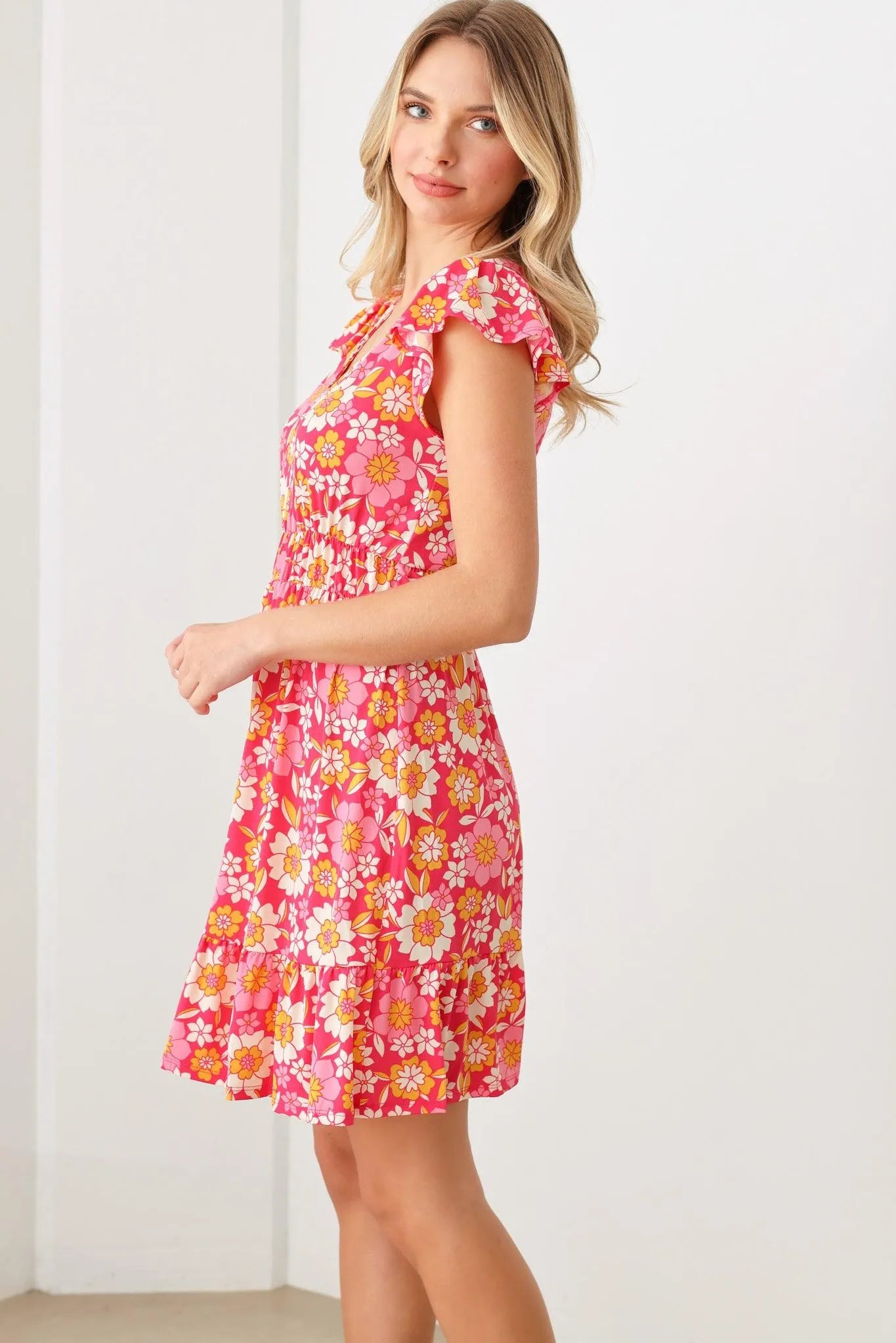 Floral Print Ruffle Cap Sleeves Babydoll Mini Dress - Tasha Apparel Wholesale