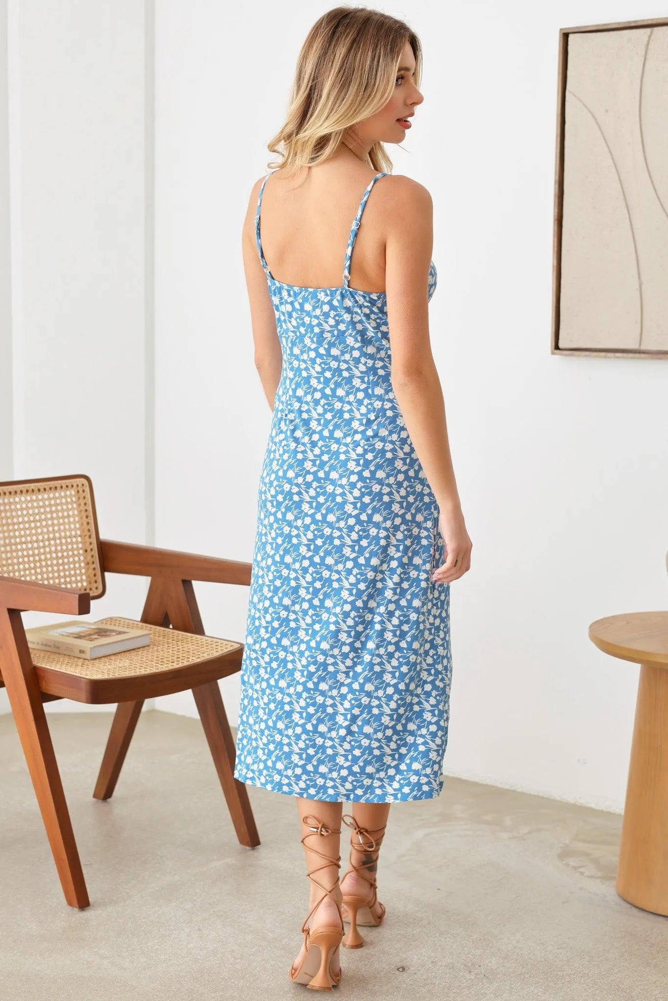 Floral Spaghetti Strap Stretchy Boho Midi Dress - Tasha Apparel Wholesale