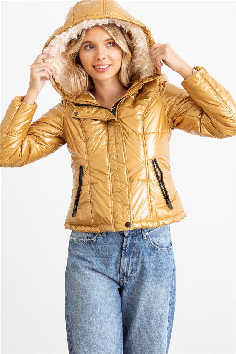 Gold Long Sleeve Fuzzy Faux Fur Hood Padded Jacket 1
