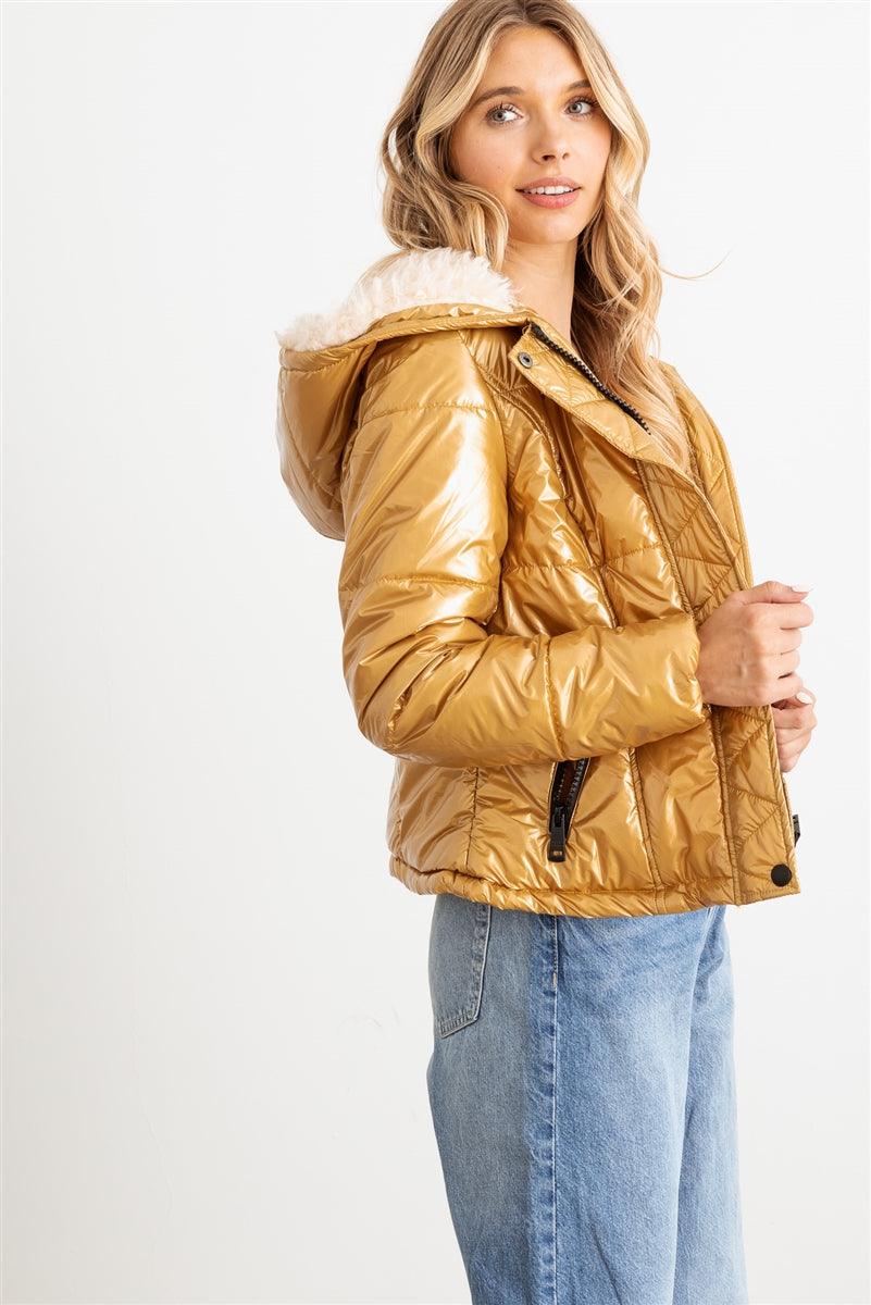 Gold Long Sleeve Fuzzy Faux Fur Hood Padded Jacket 3