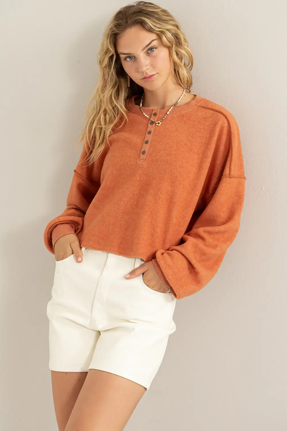 Fleece Button Front Cropped Top Casual Baked Clay Henley Top