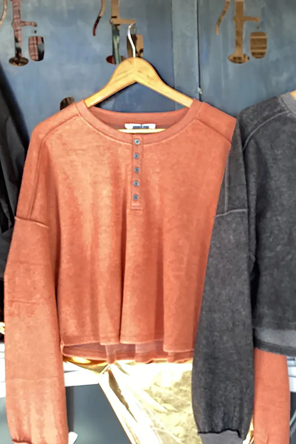 Fleece Button Front Cropped Top Casual Baked Clay Henley Top