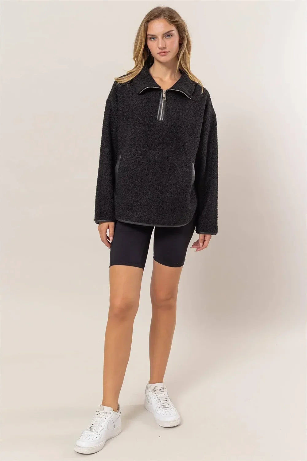Sherpa Teddy Fleece Quarter Zip Pullover Contrast Trim Sweatshirt