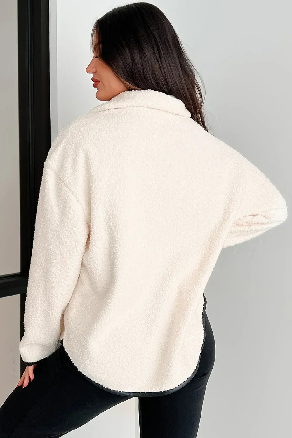 Sherpa Teddy Fleece Quarter Zip Pullover Contrast Trim Sweatshirt