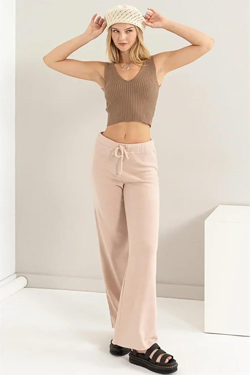 High Waisted Wide Leg Drawstring Comfy Flowy Pants - Tasha Apparel Wholesale