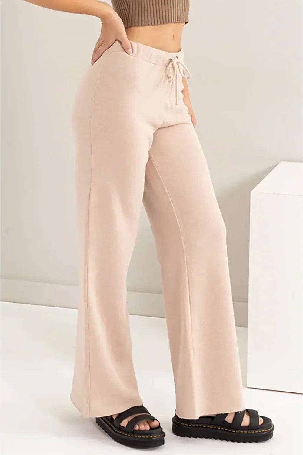 High Waisted Wide Leg Drawstring Comfy Flowy Pants - Tasha Apparel Wholesale
