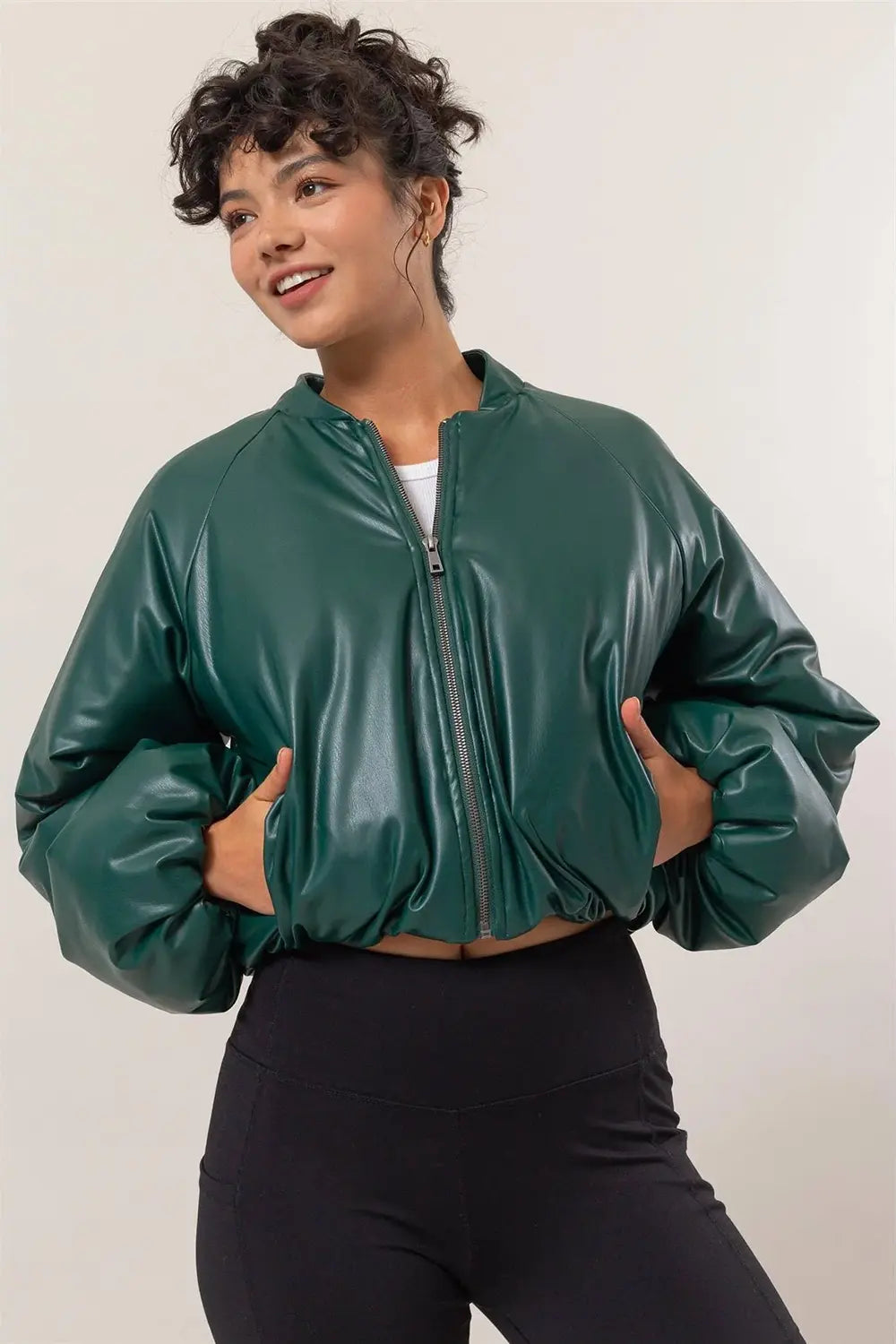 Oversized Vegan Leather Crop Boutique Trendy Puffer Bomber Jacket