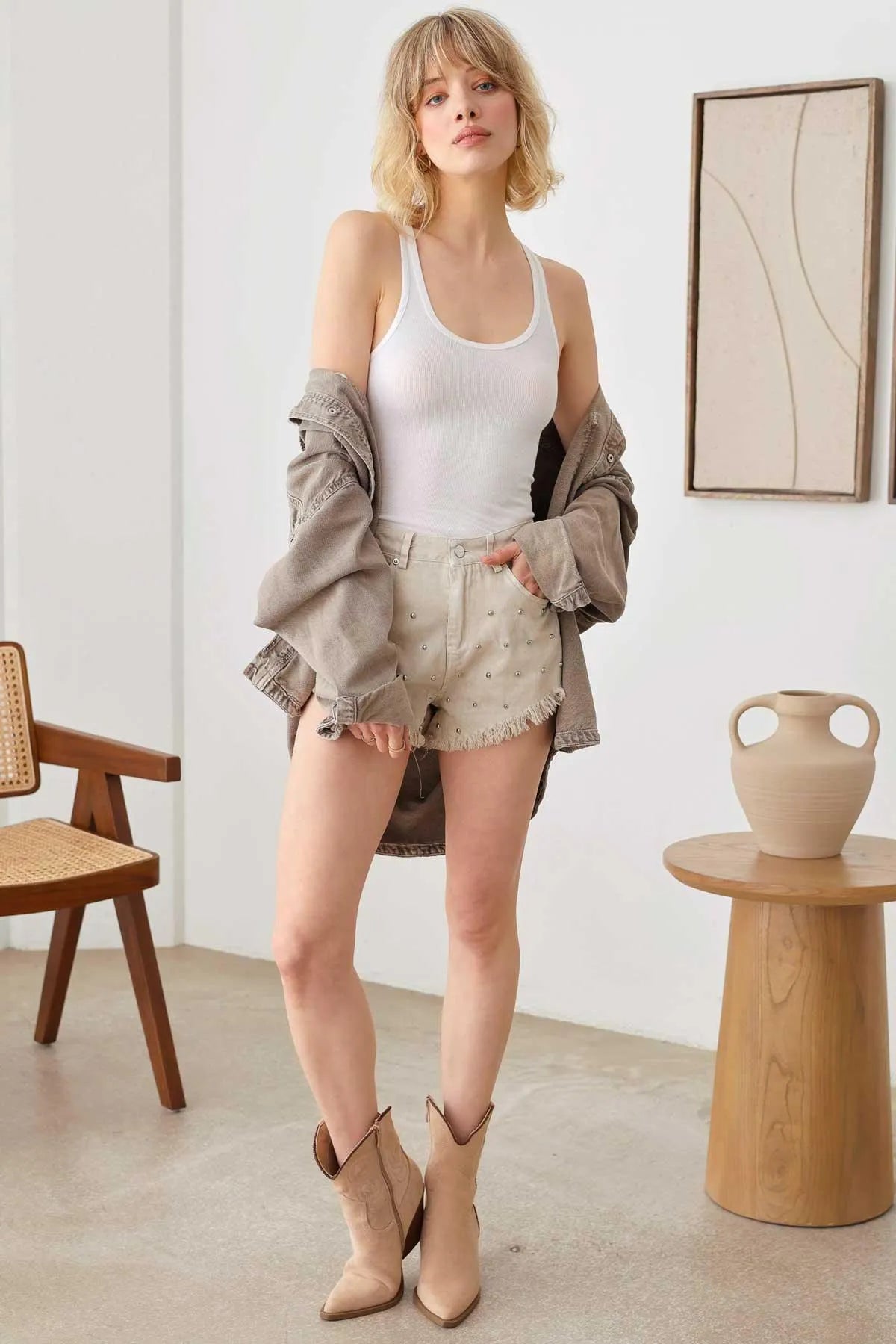 Studded Mid Waist Frayed Hem Denim Short - Tasha Apparel Wholesale