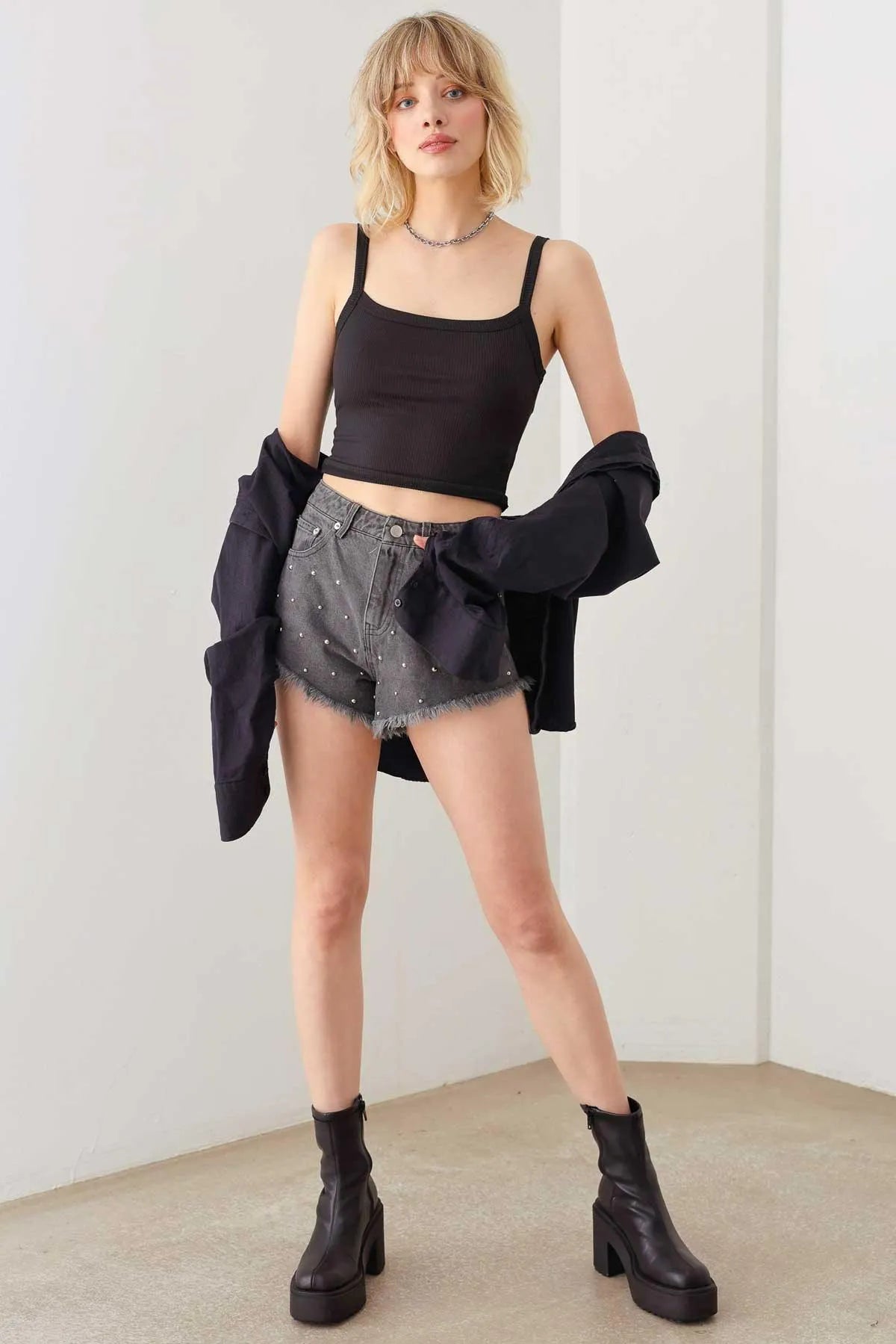 Studded Mid Waist Frayed Hem Denim Short - Tasha Apparel Wholesale