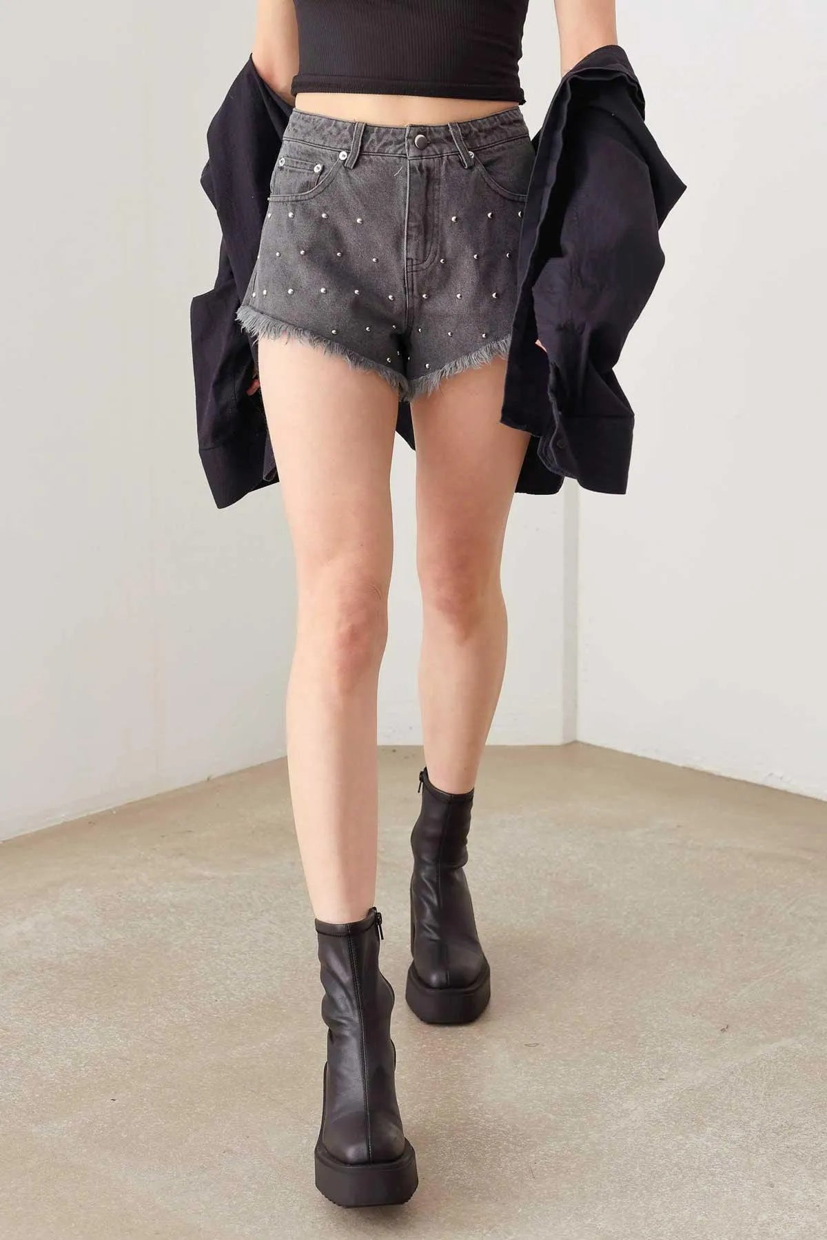 Studded Mid Waist Frayed Hem Denim Short - Tasha Apparel Wholesale