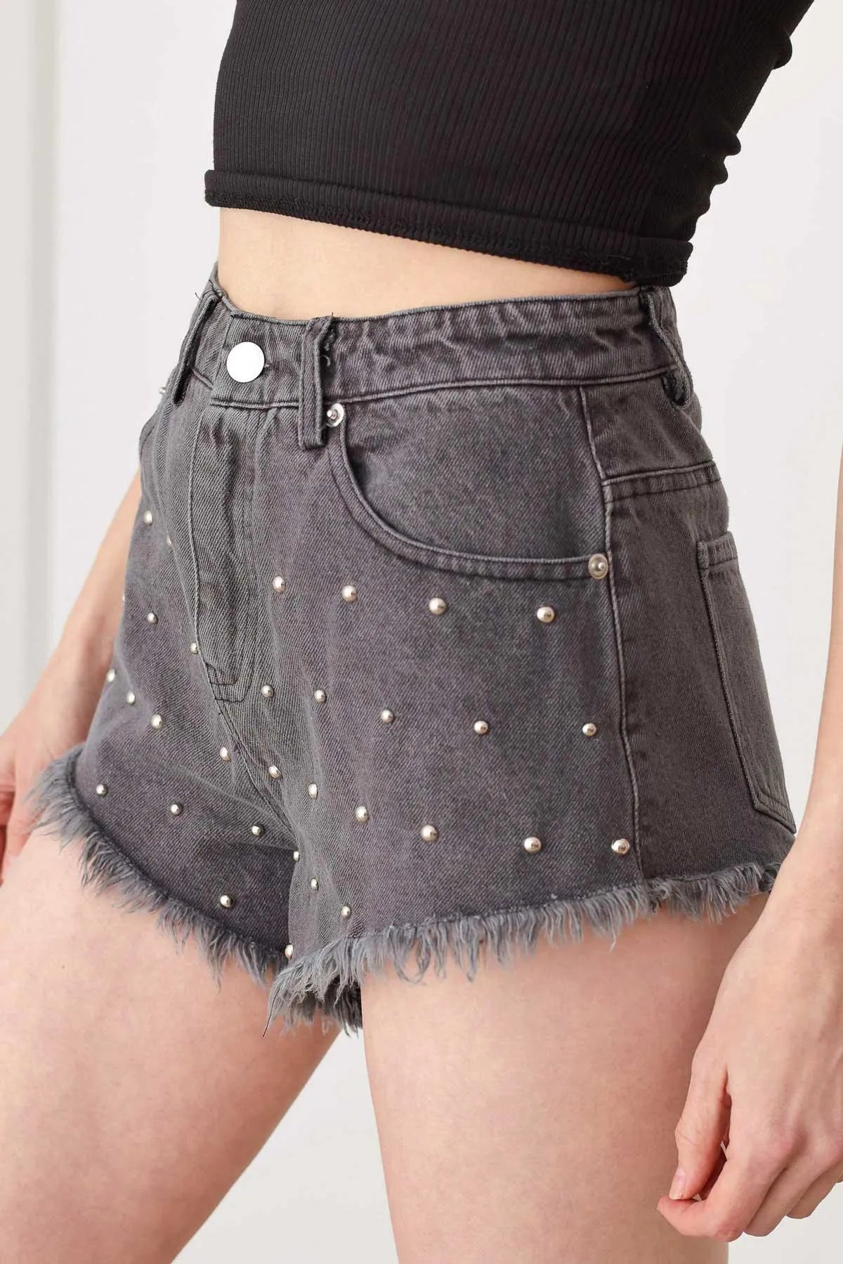 Studded Mid Waist Frayed Hem Denim Short - Tasha Apparel Wholesale
