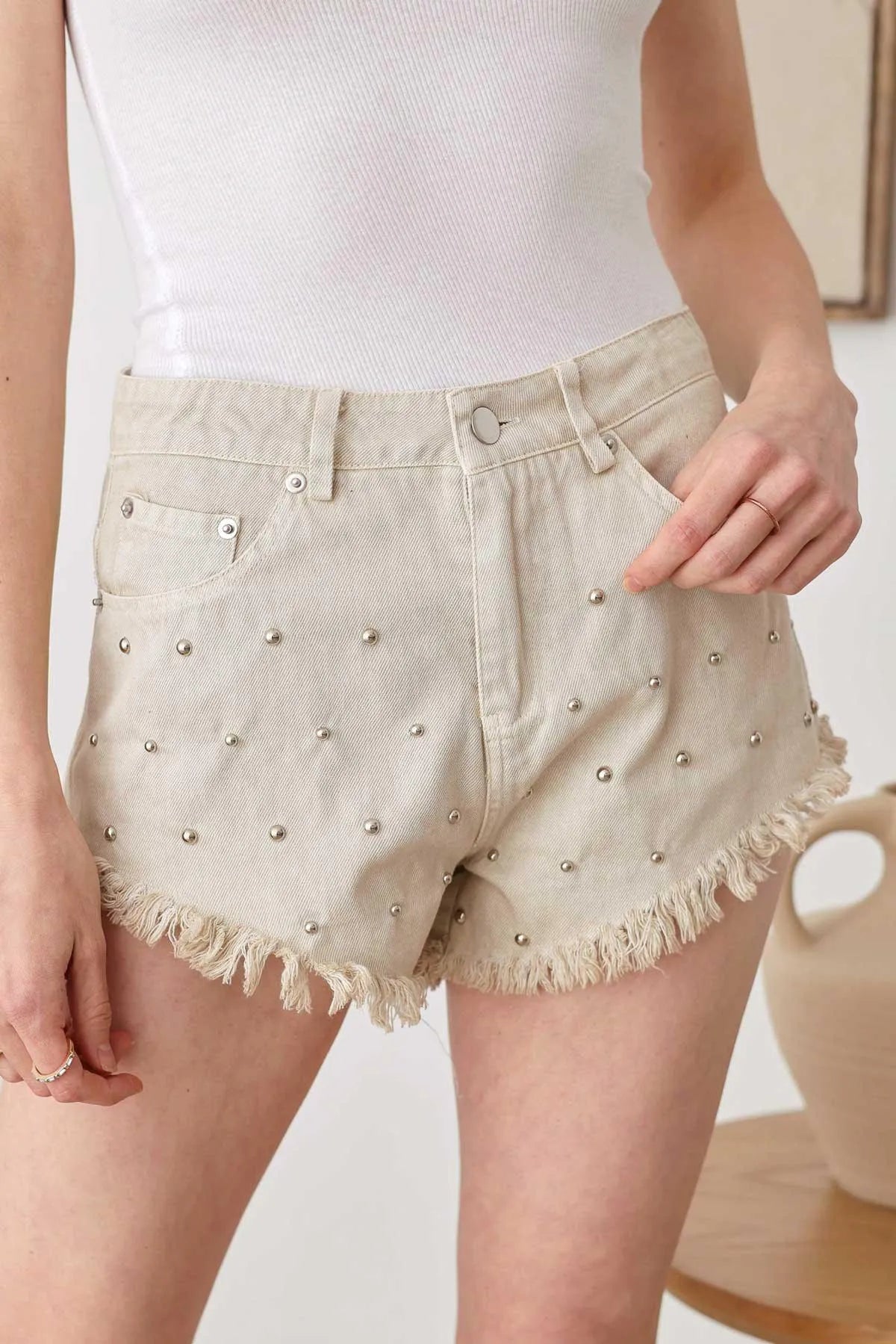 Studded Mid Waist Frayed Hem Denim Short - Tasha Apparel Wholesale