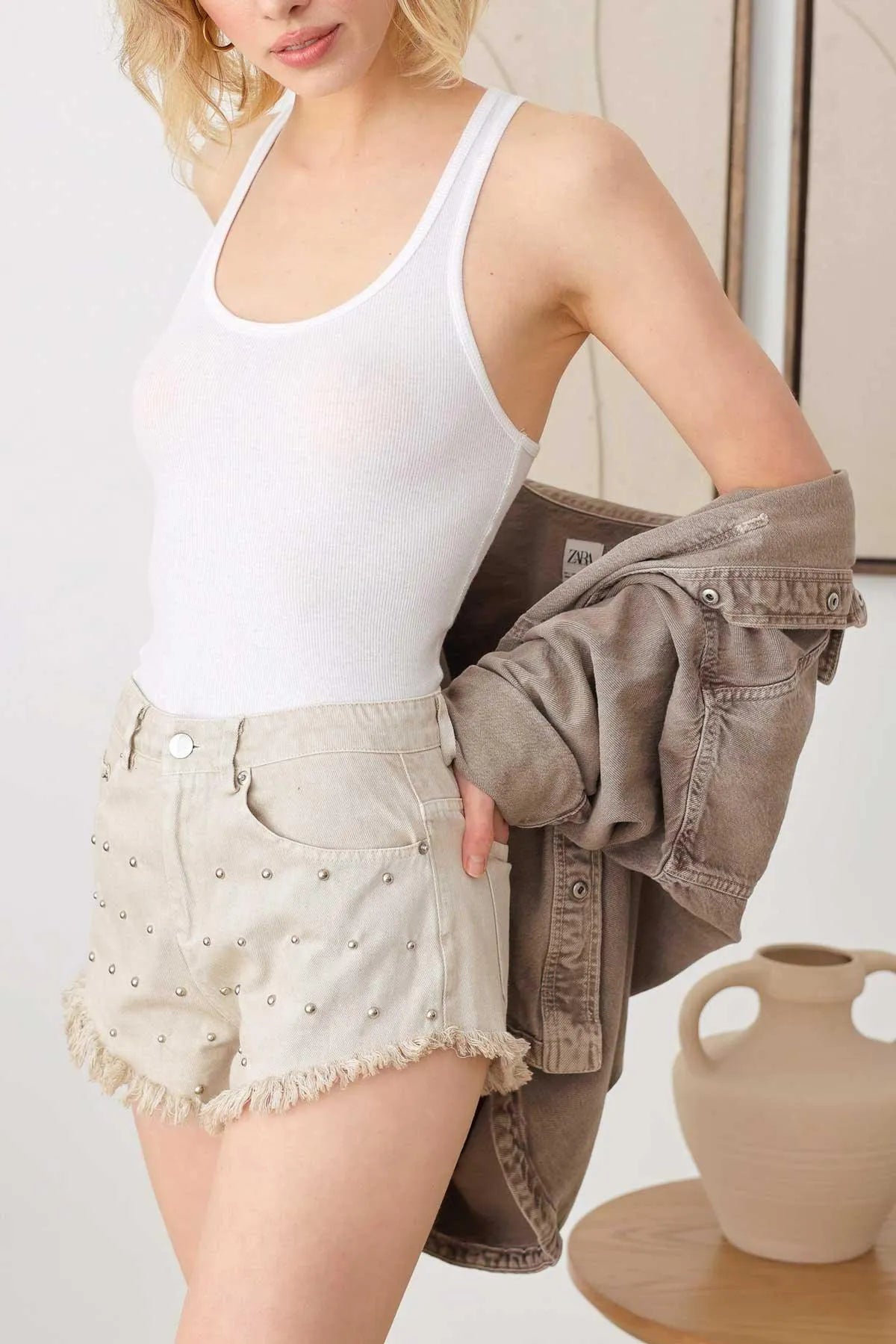 Studded Mid Waist Frayed Hem Denim Short - Tasha Apparel Wholesale