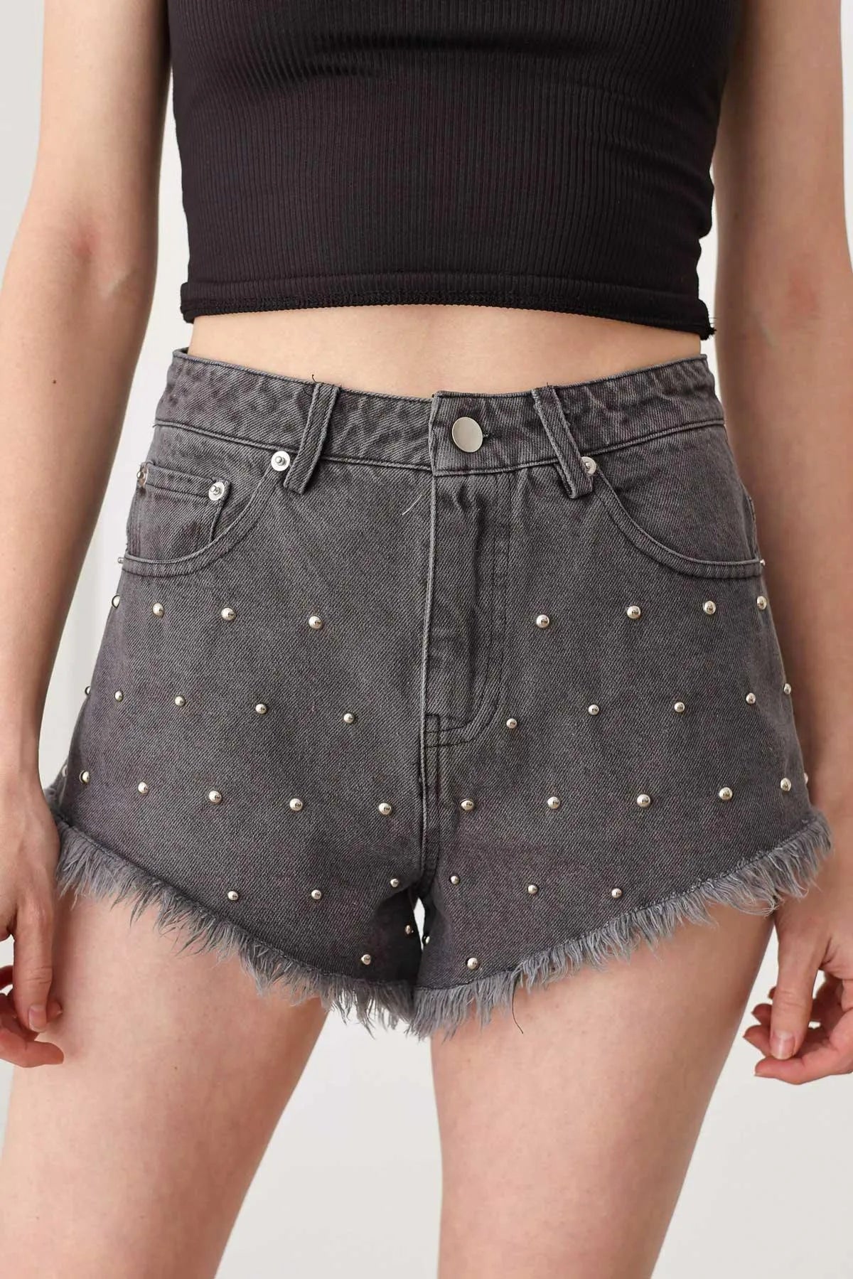 Studded Mid Waist Frayed Hem Denim Short - Tasha Apparel Wholesale