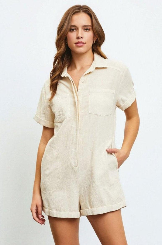 Buttoned Relax Fit Short Sleeve Front Pocket Romper - Tasha Apparel Wholesale