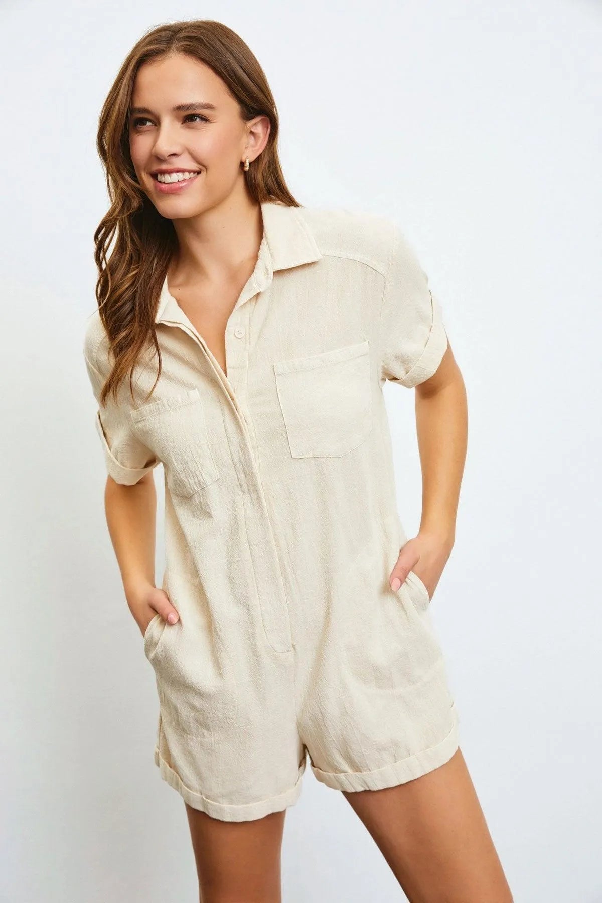 Buttoned Relax Fit Short Sleeve Front Pocket Romper - Tasha Apparel Wholesale
