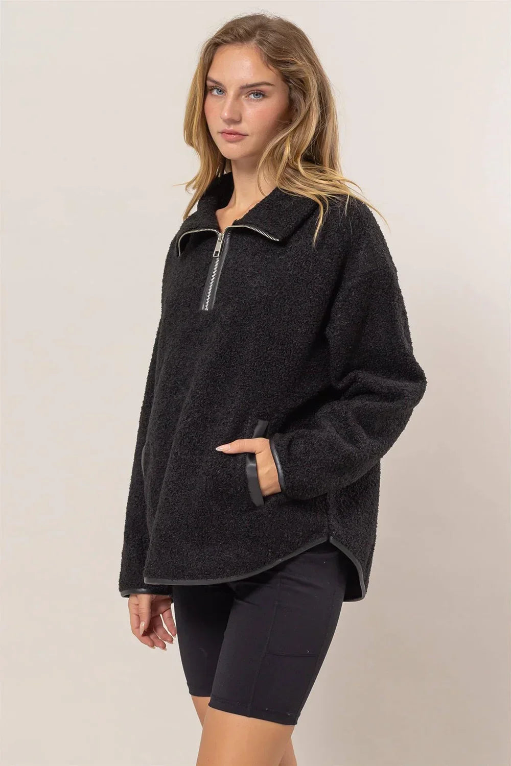 Sherpa Teddy Fleece Quarter Zip Pullover Contrast Trim Sweatshirt