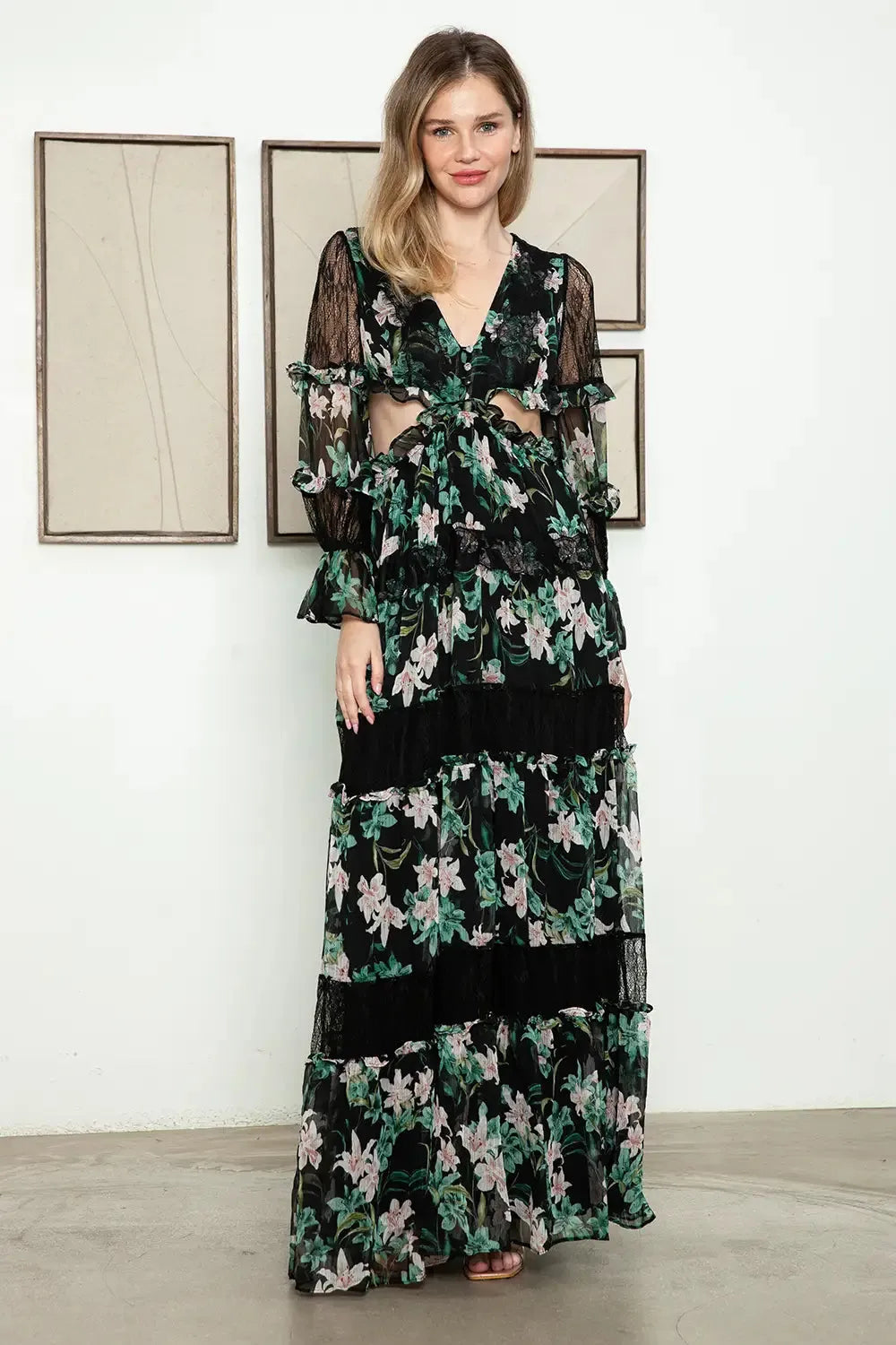 Floral Lace Panel Tiered Maxi Dress - Bohemian Cutout Ruffle Sleeve - Tasha Apparel Wholesale