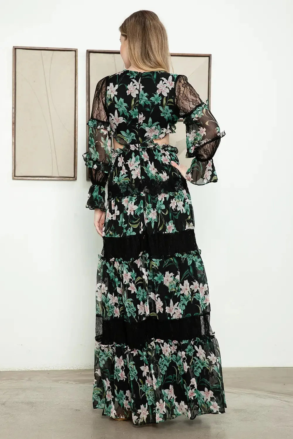 Floral Lace Panel Tiered Maxi Dress - Bohemian Cutout Ruffle Sleeve - Tasha Apparel Wholesale