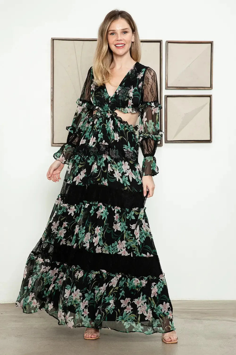 Floral Lace Panel Tiered Maxi Dress - Bohemian Cutout Ruffle Sleeve - Tasha Apparel Wholesale