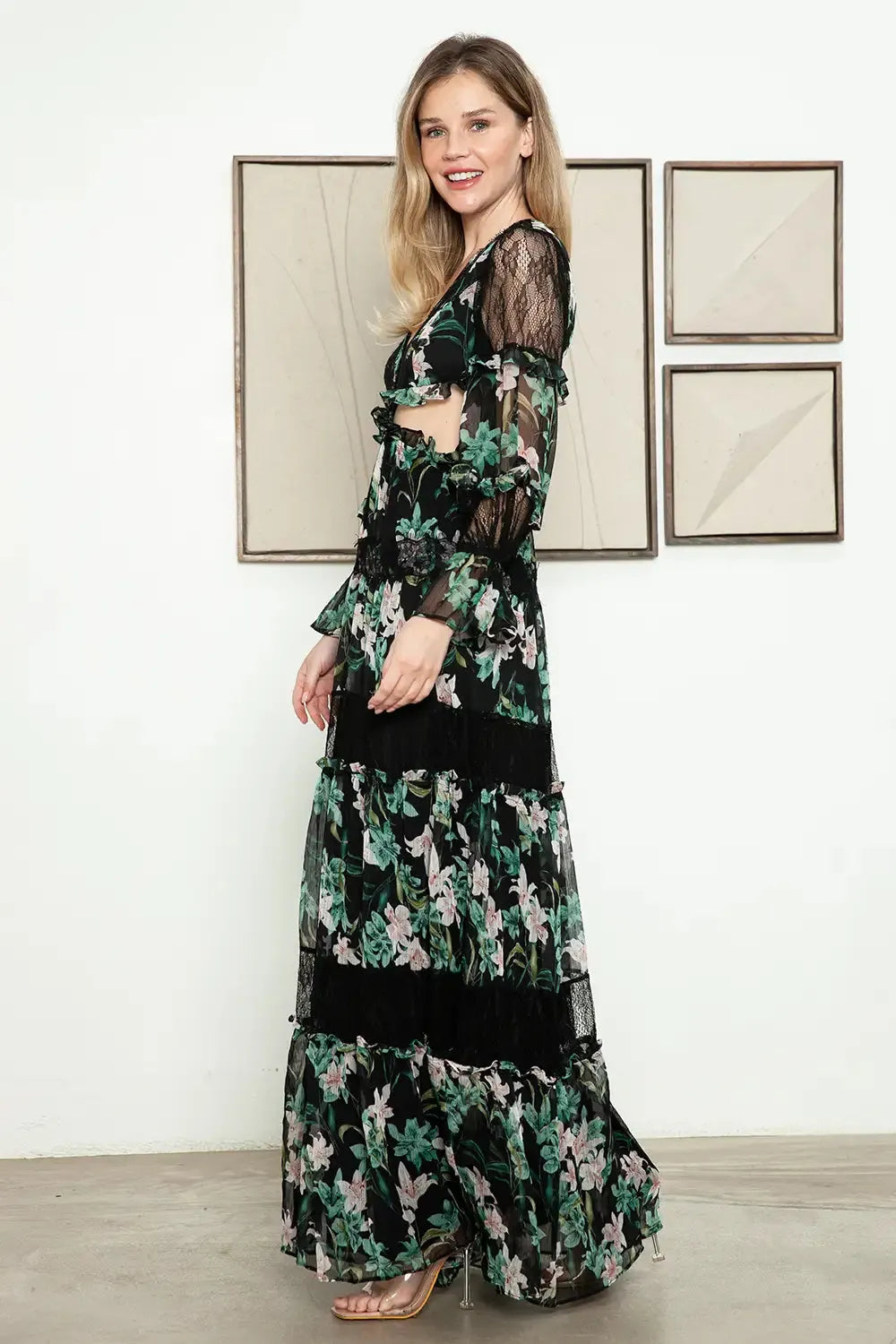 Floral Lace Panel Tiered Maxi Dress - Bohemian Cutout Ruffle Sleeve - Tasha Apparel Wholesale