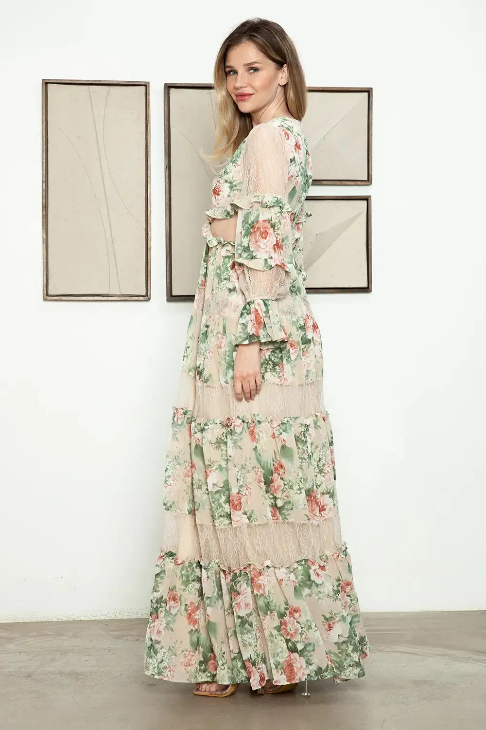 Cut Out Floral Sheer Lace Detail Tiered Long Sleeve Front Button Maxi Dress - Tasha Apparel Wholesale