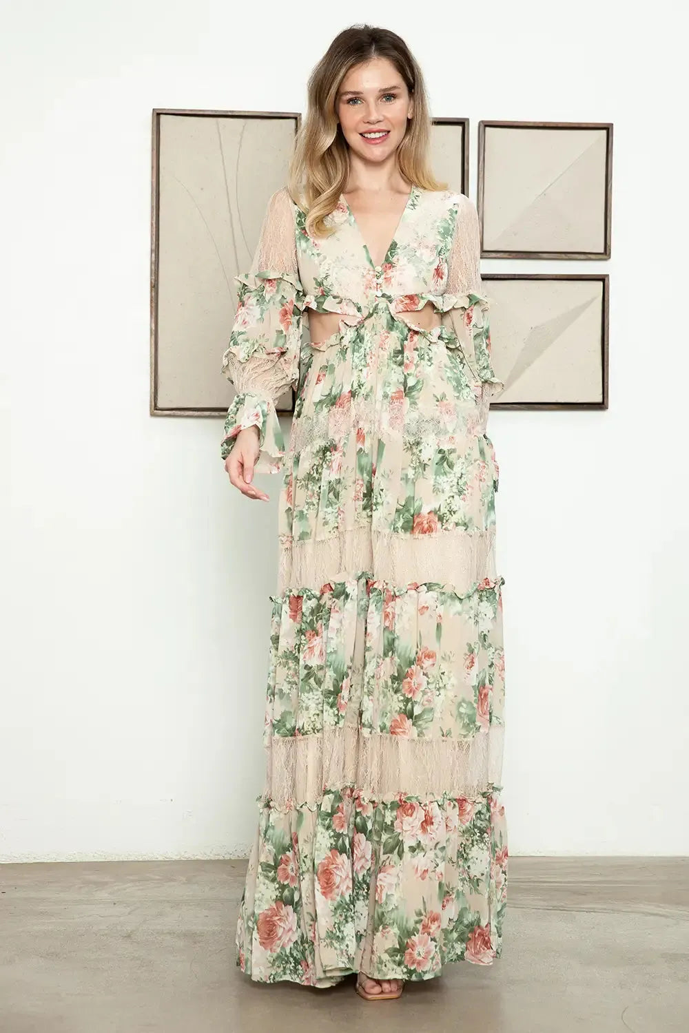 Cut Out Floral Sheer Lace Detail Tiered Long Sleeve Front Button Maxi Dress - Tasha Apparel Wholesale
