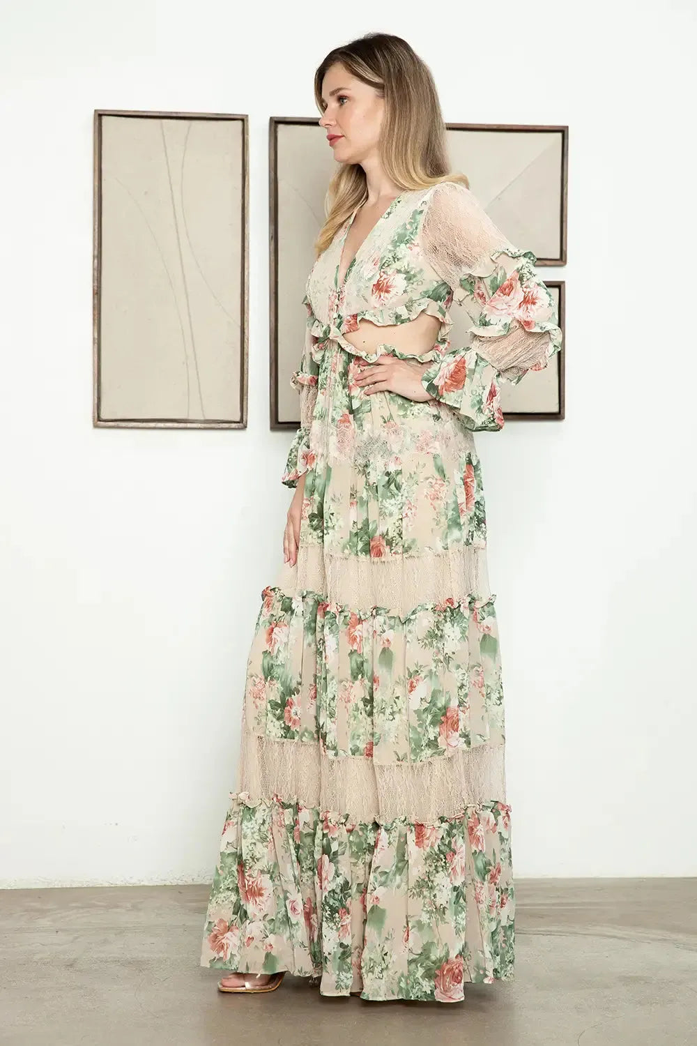 Cut Out Floral Sheer Lace Detail Tiered Long Sleeve Front Button Maxi Dress - Tasha Apparel Wholesale