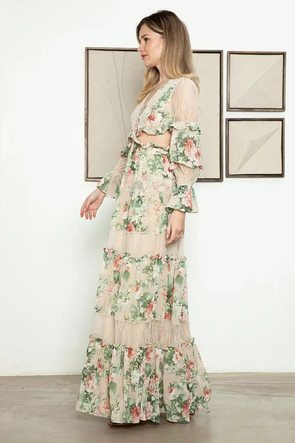 Cut Out Floral Sheer Lace Detail Tiered Long Sleeve Front Button Maxi Dress - Tasha Apparel Wholesale