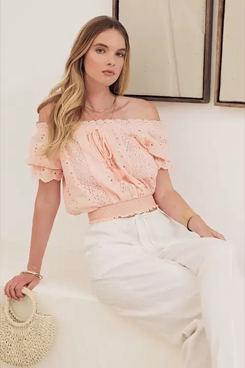 Floral Lace Short Sleeve Smocked Hem Crop Top - Tasha Apparel Wholesale