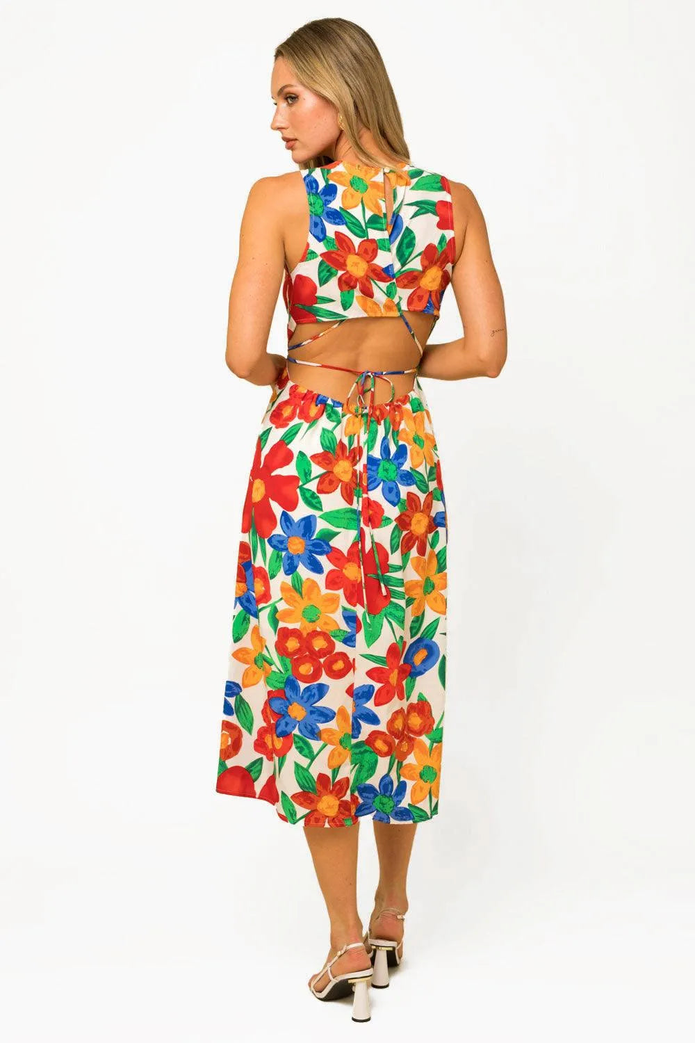 Tropical Floral Print Big Flowers Open Back Midi Dress - Tasha Apparel Wholesale