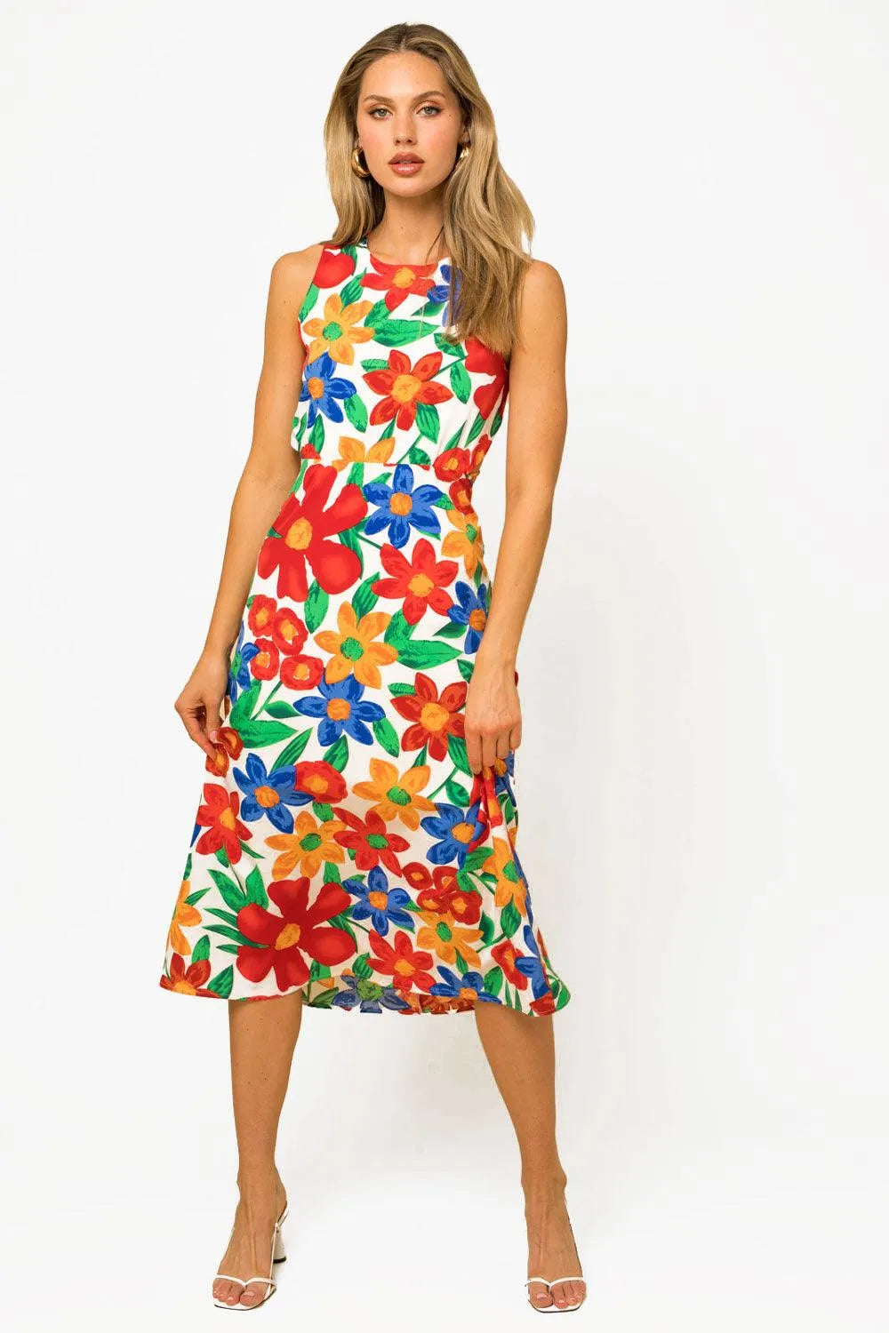 Tropical Floral Print Big Flowers Open Back Midi Dress Tropical Floral Print Big Flowers Open Back Midi Dress