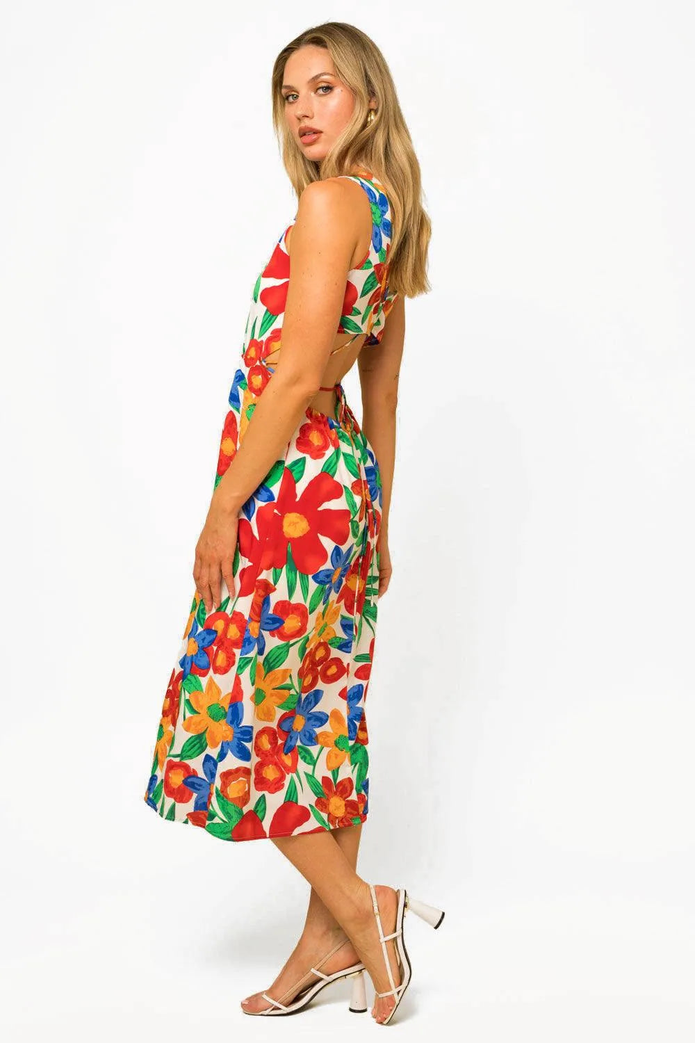 Tropical Floral Print Big Flowers Open Back Midi Dress - Tasha Apparel Wholesale