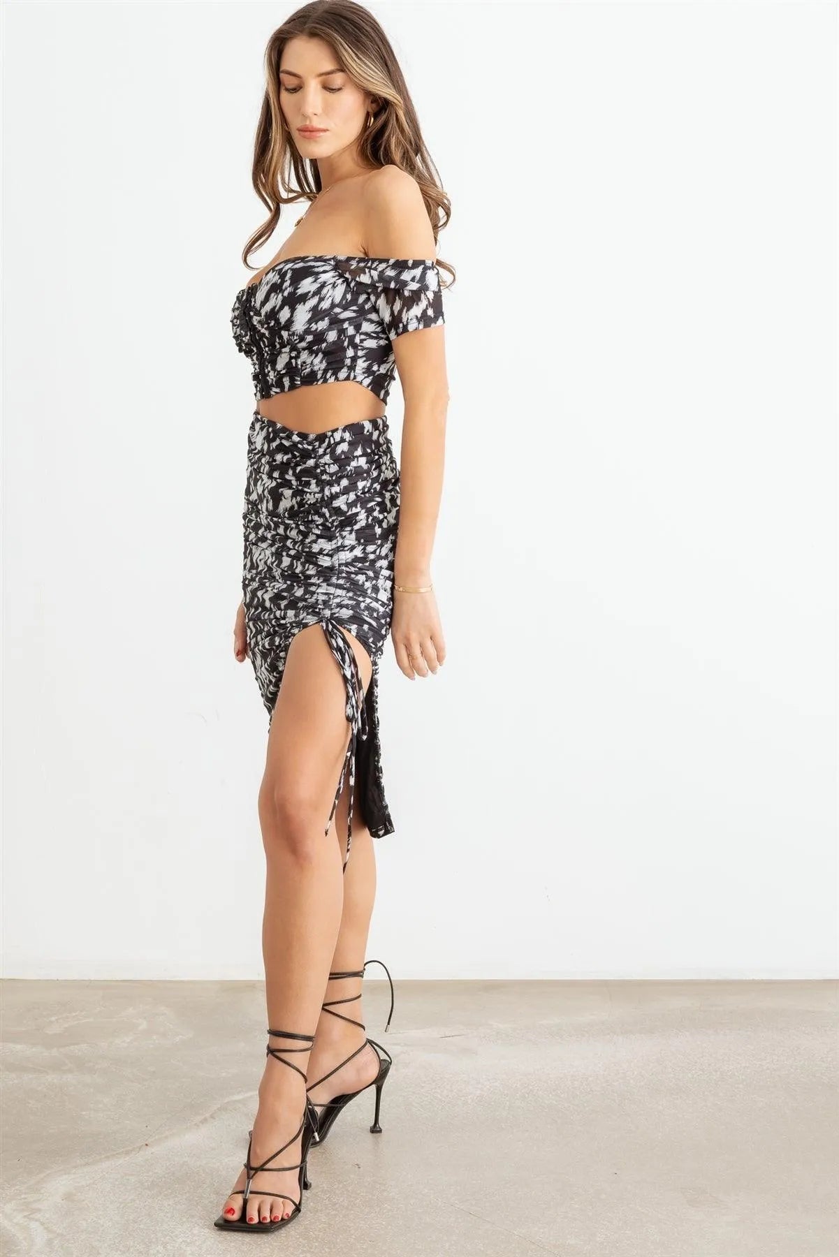 Animal Print Mesh Ruched Crop Top & High Waist Skirt Set - Tasha Apparel Wholesale
