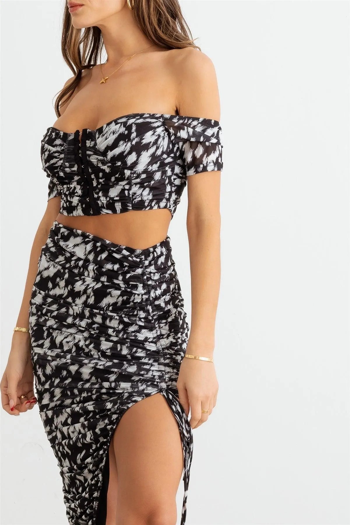 Animal Print Mesh Ruched Crop Top & High Waist Skirt Set - Tasha Apparel Wholesale