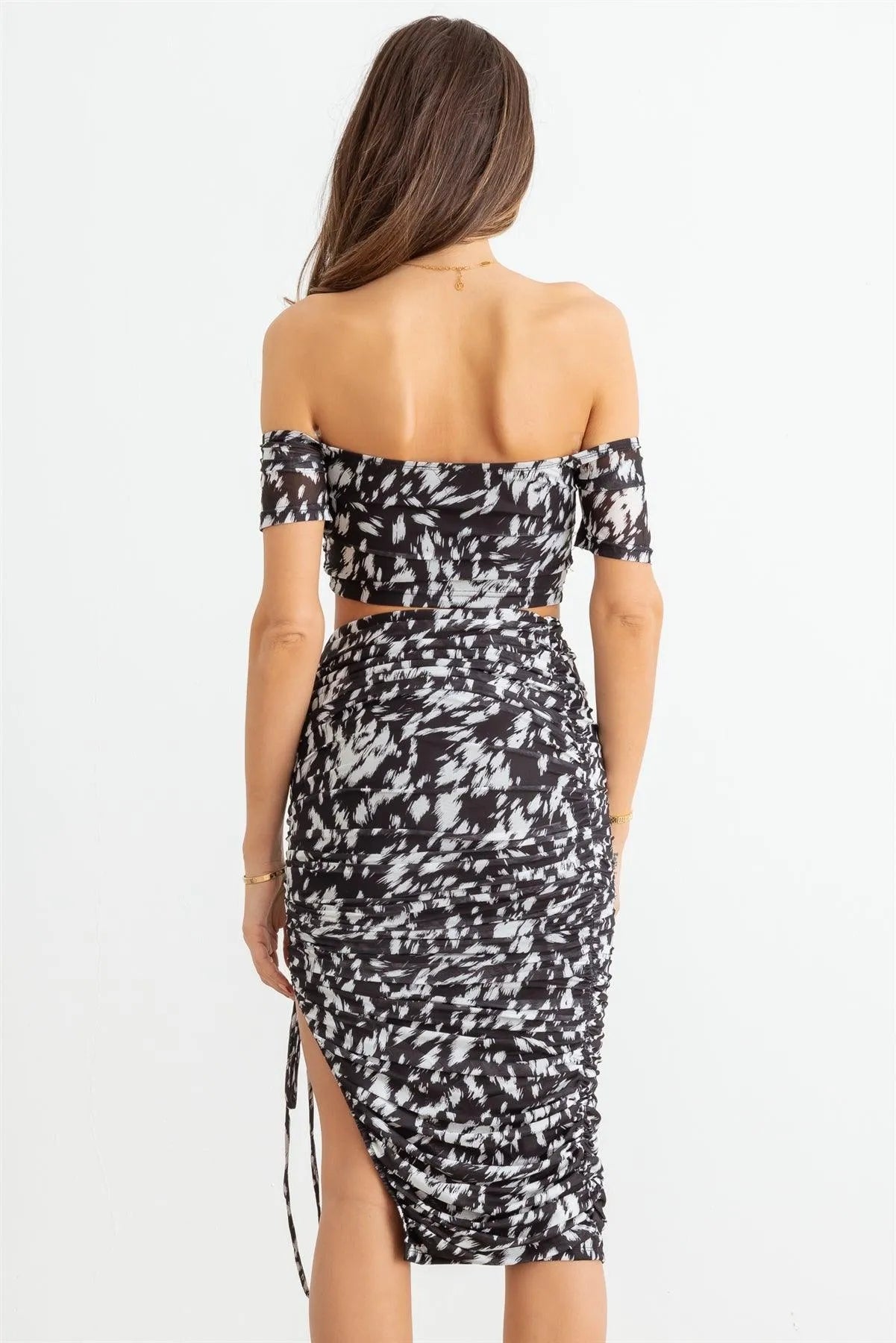 Animal Print Mesh Ruched Crop Top & High Waist Skirt Set - Tasha Apparel Wholesale