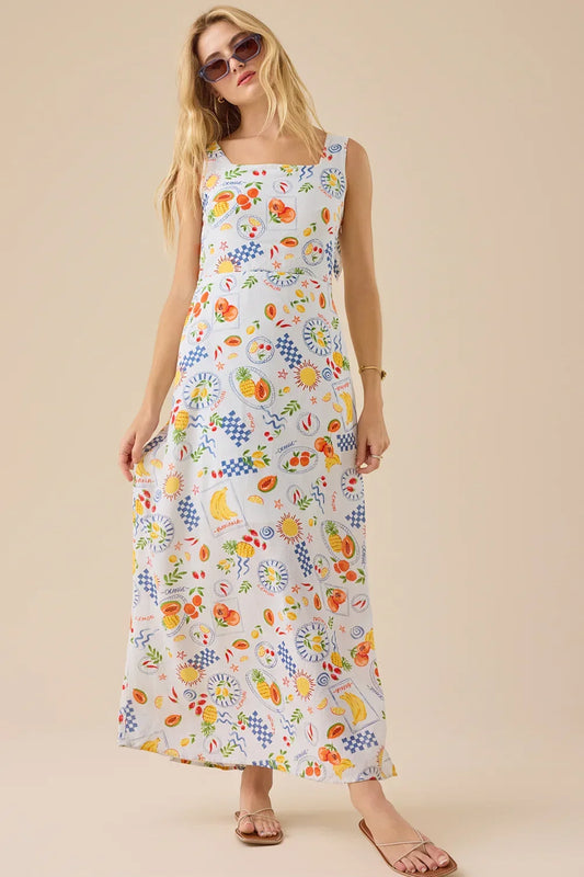 Fruit Print Tie-Strap Contemporary Summer Chic Maxi Dress