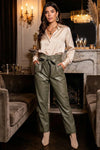 Olive Green High Waist Paperbag Belted Vegan Leather Trousers - Tasha Apparel Wholesale