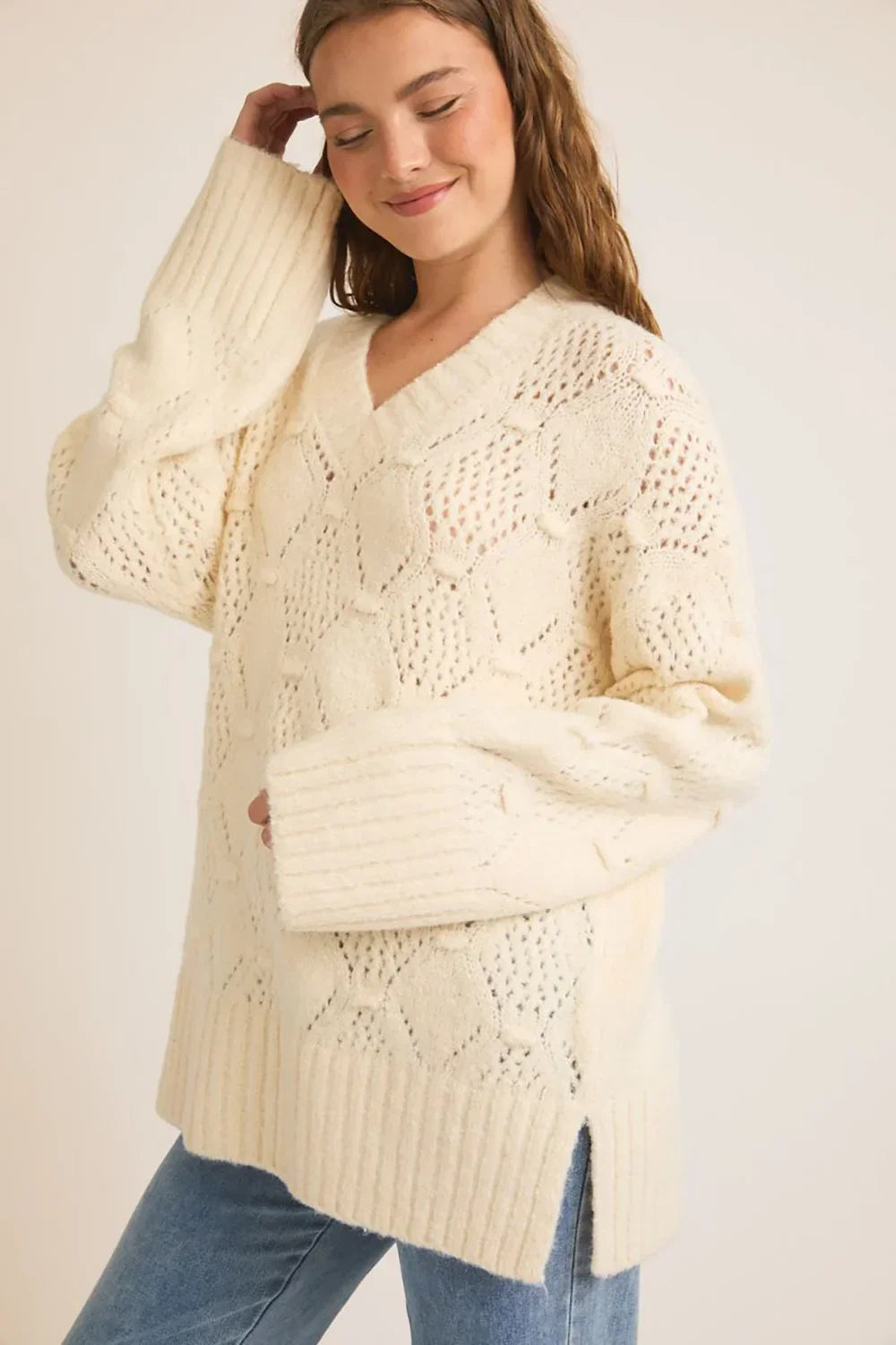 Cozy Cream Cable Knit V Neck Pointelle Ribbed Cuffs Side Slits Sweater