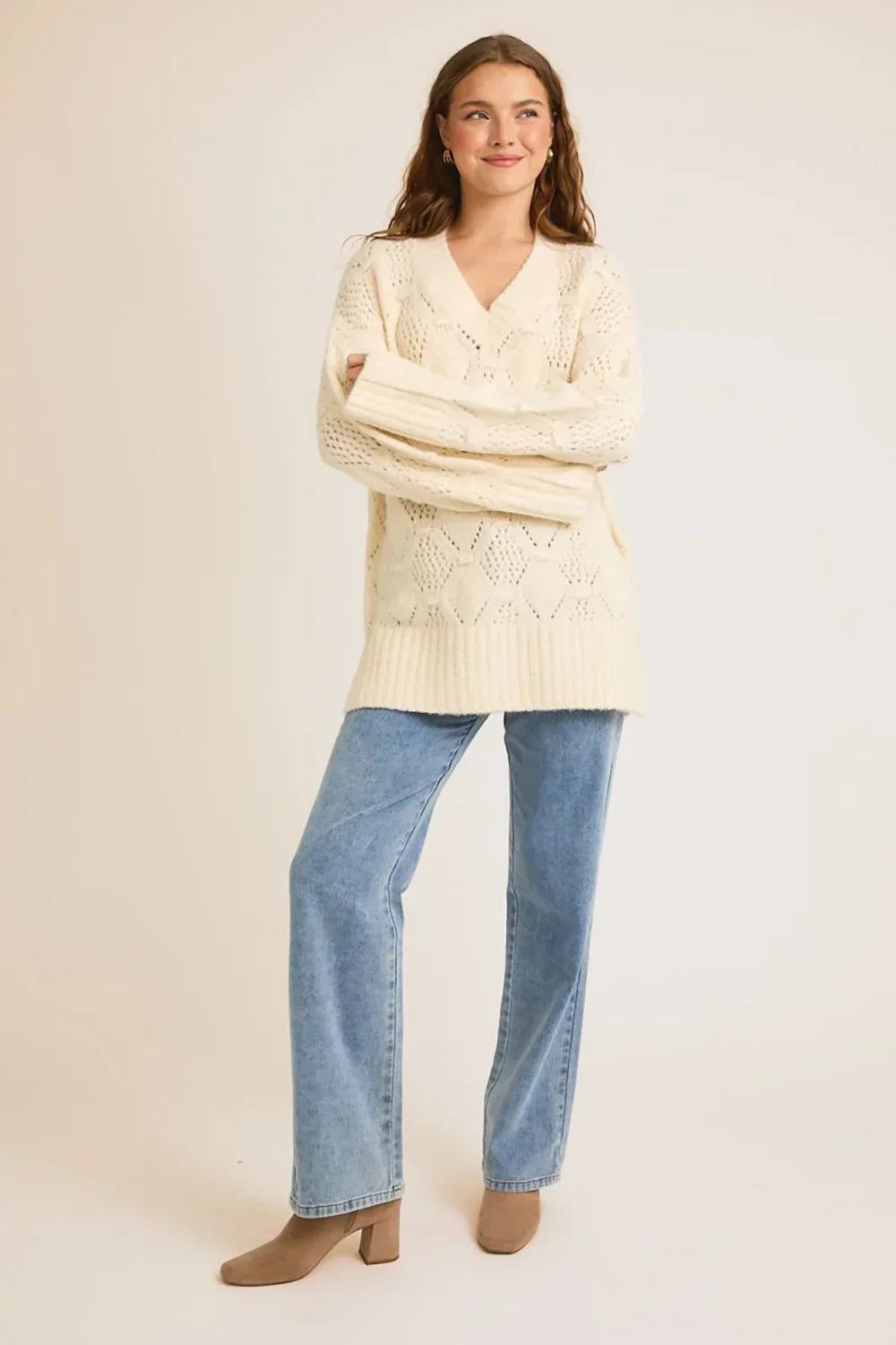 Cozy Cream Cable Knit V Neck Pointelle Ribbed Cuffs Side Slits Sweater