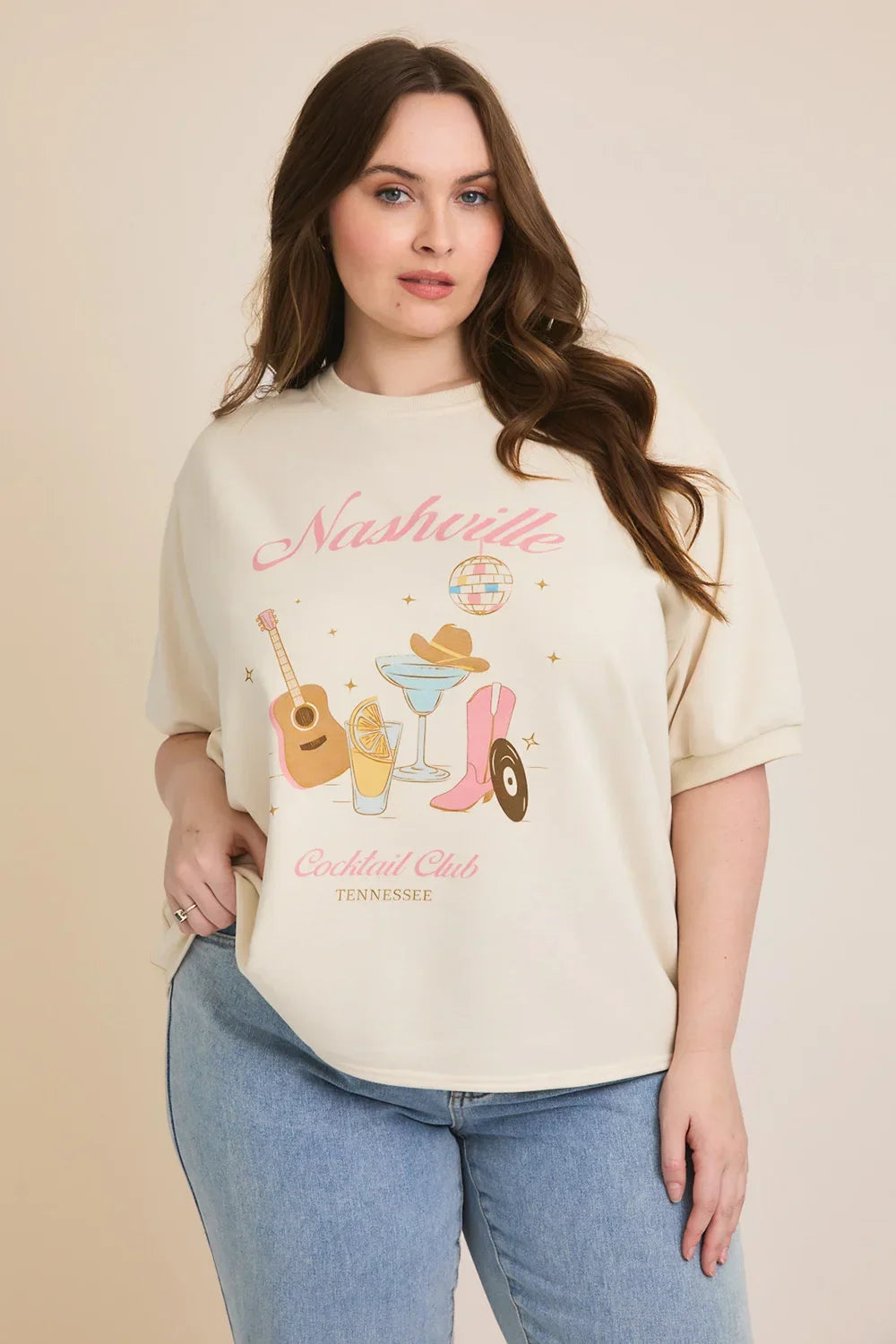 Plus Size Nashville Cocktail Club Graphic Oversized Short Sleeve Boho Music City Tee - Tasha Apparel Wholesale