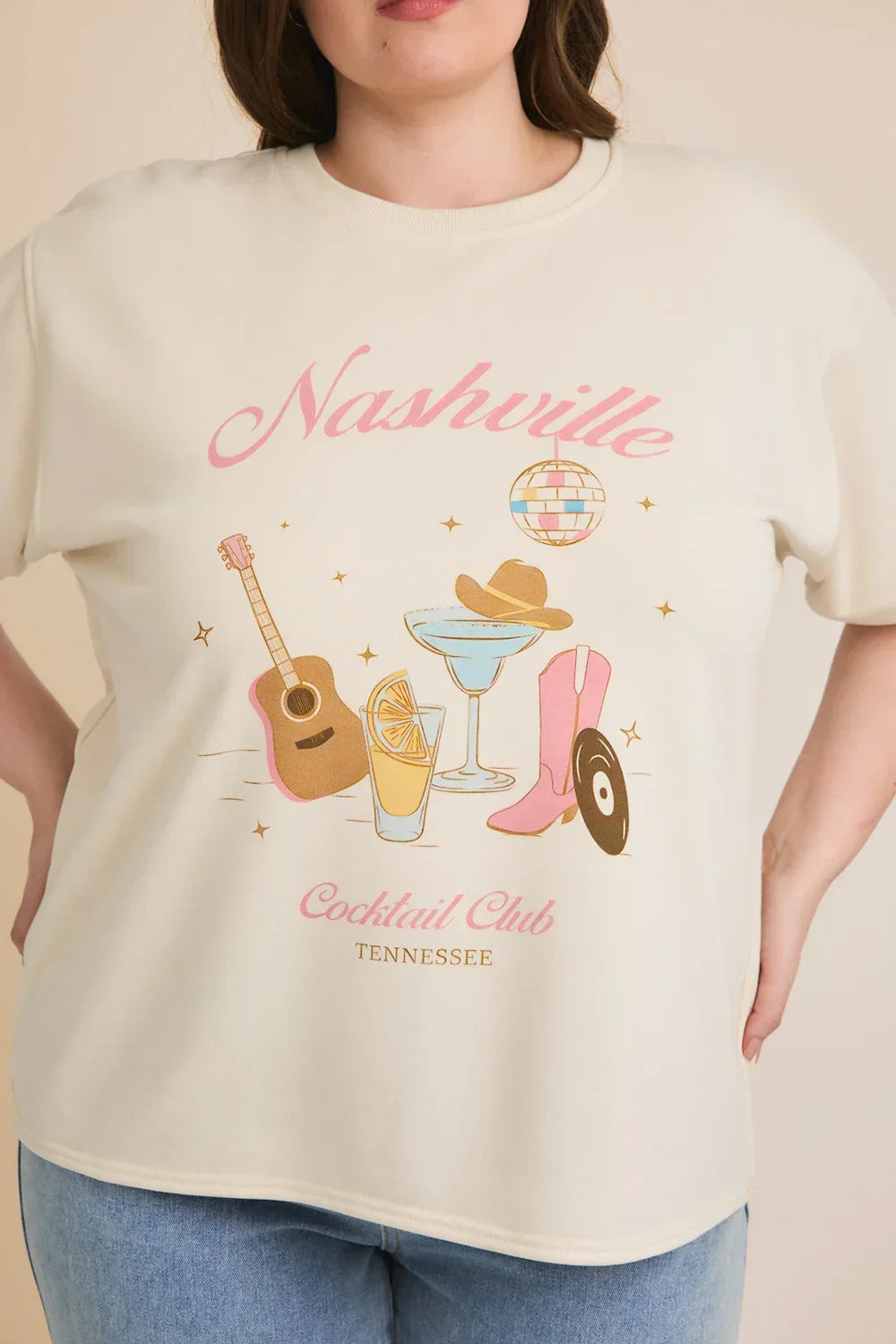 Plus Size Nashville Cocktail Club Graphic Oversized Short Sleeve Boho Music City Tee - Tasha Apparel Wholesale