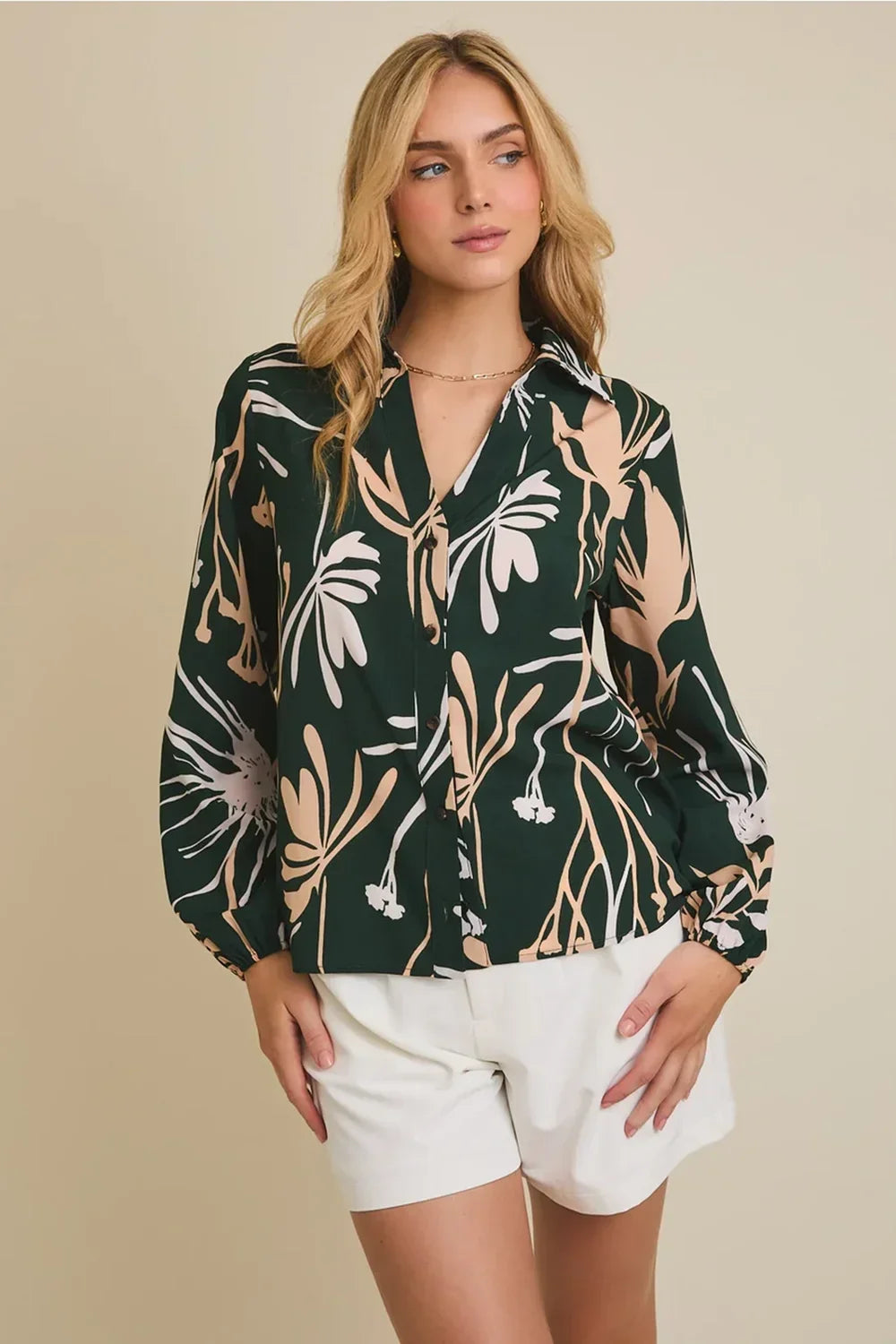 Plus Size Forest Green Tropical Botanical Print Button Down Long Sleeve Blouse