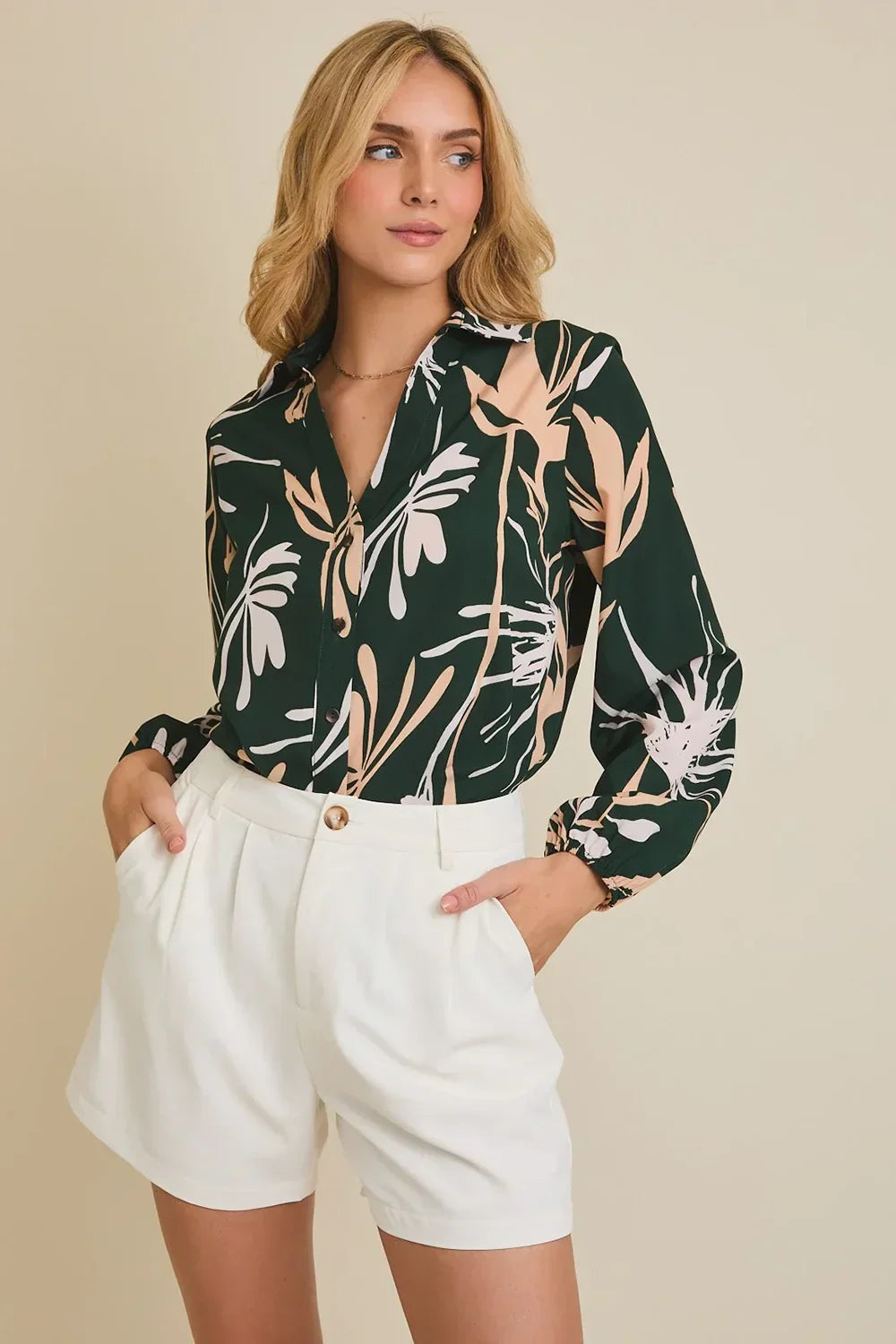 Plus Size Forest Green Tropical Botanical Print Button Down Long Sleeve Blouse