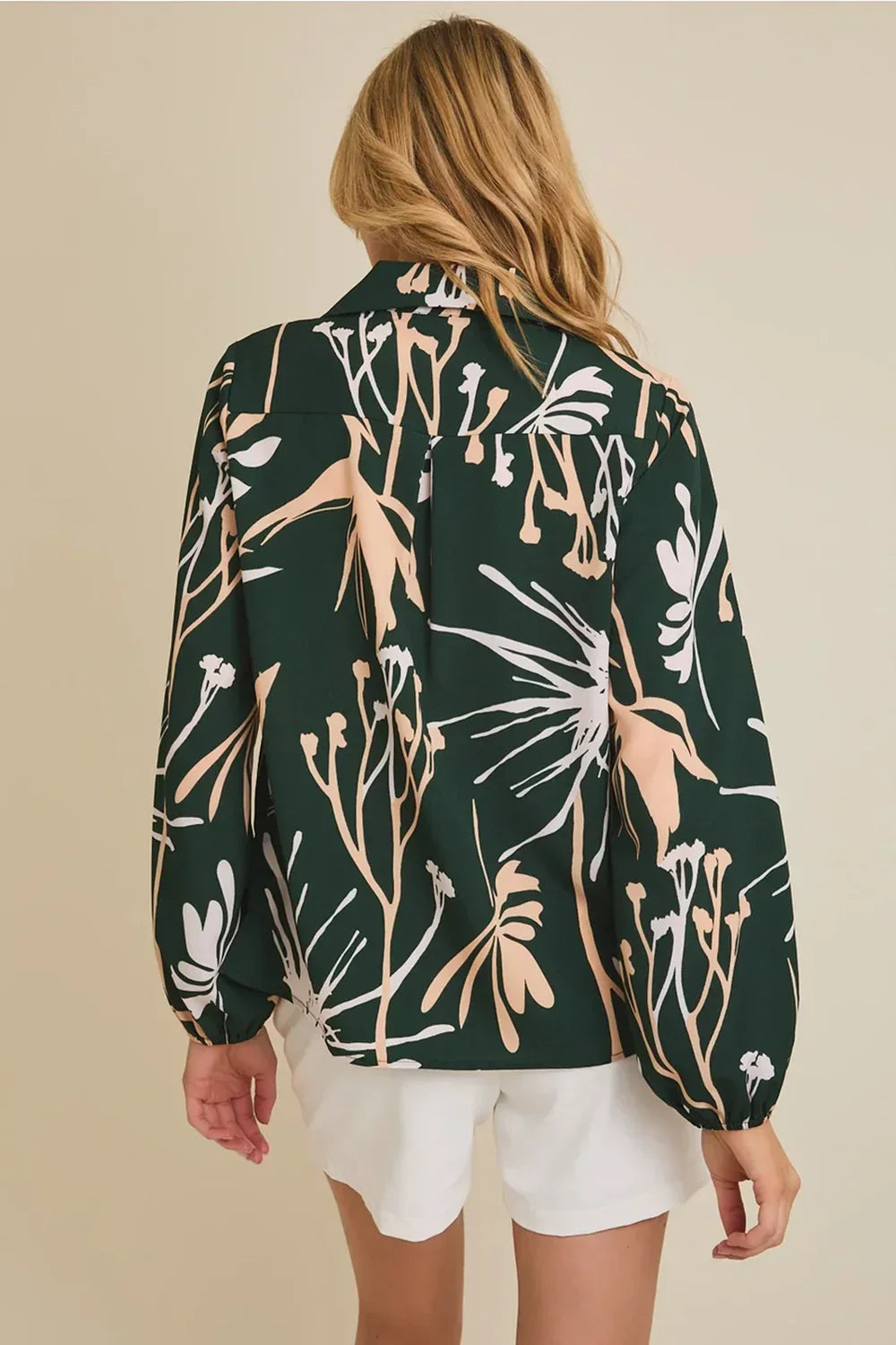 Plus Size Forest Green Tropical Botanical Print Button Down Long Sleeve Blouse