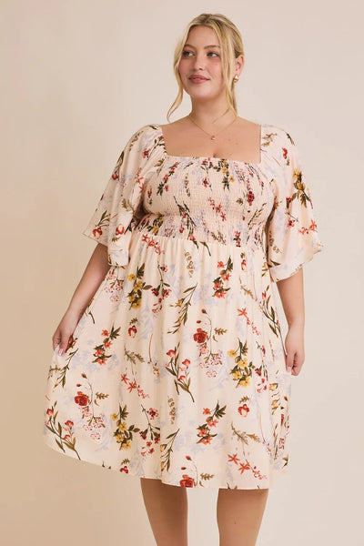 Plus Size Floral Smocked Square Neck Puff Sleeve Romantic Cottagecore Mini Dress - Tasha Apparel Wholesale