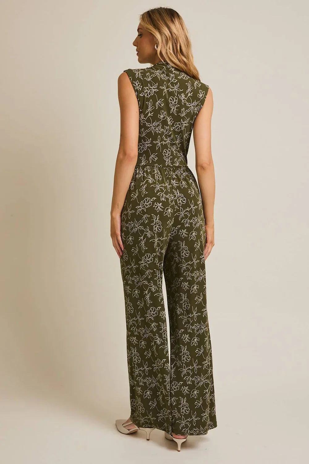 Olive Green Floral Print Front Wrap Sleeveless Wide Leg Boutique Jumpsuit
