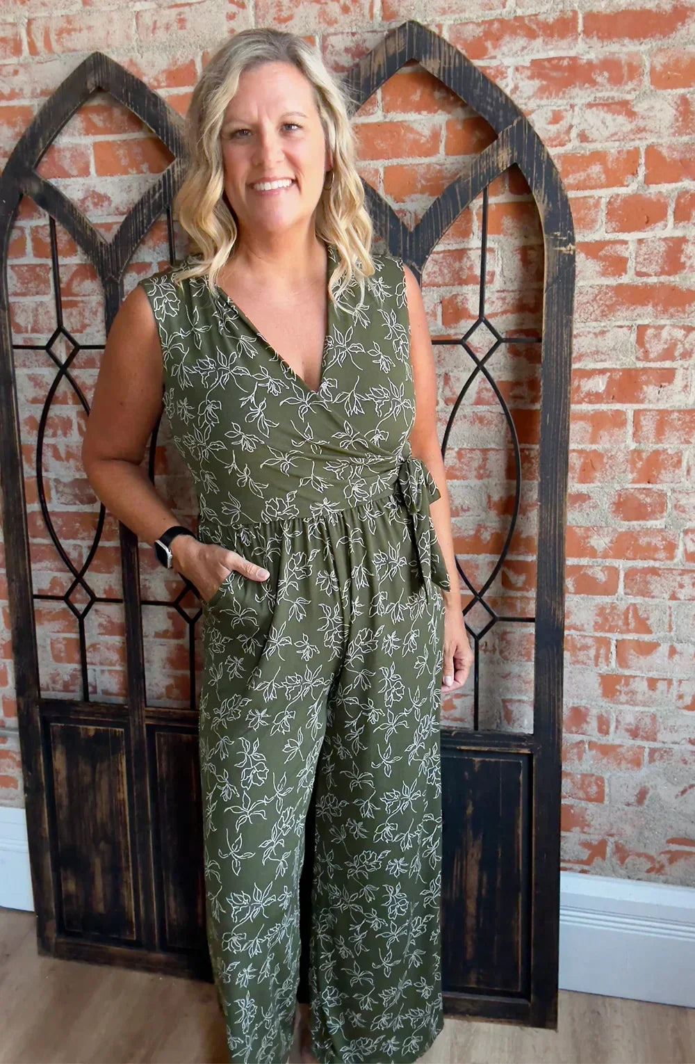 Olive Green Floral Print Front Wrap Sleeveless Wide Leg Boutique Jumpsuit
