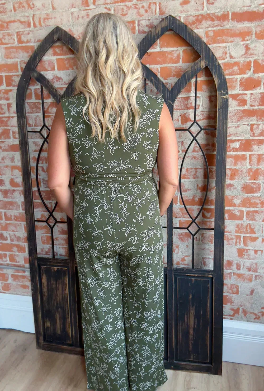 Olive Green Floral Print Front Wrap Sleeveless Wide Leg Boutique Jumpsuit