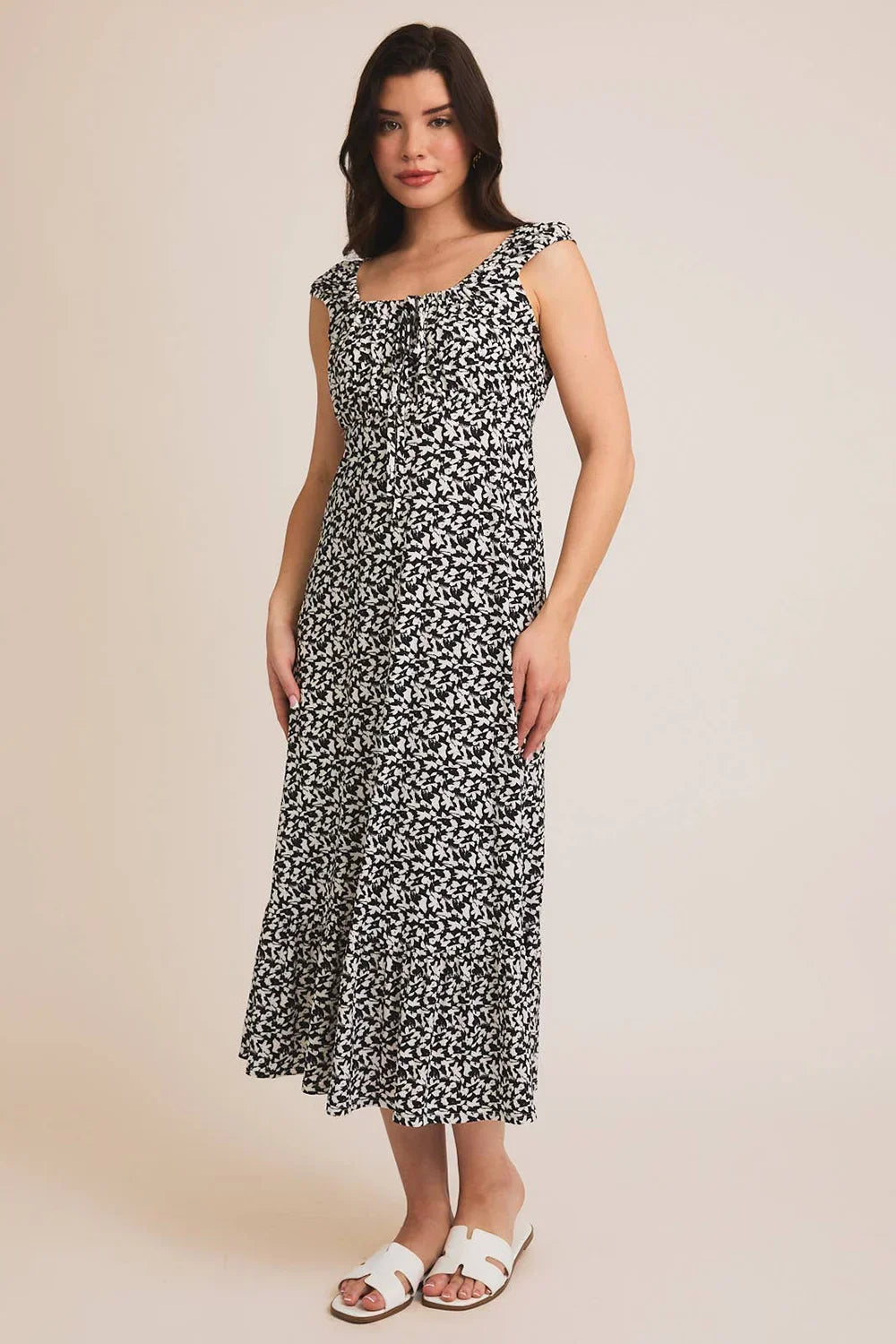 Plus Size Black White Abstract Print Off Shoulder Ruffle Sleeve Maxi Dress